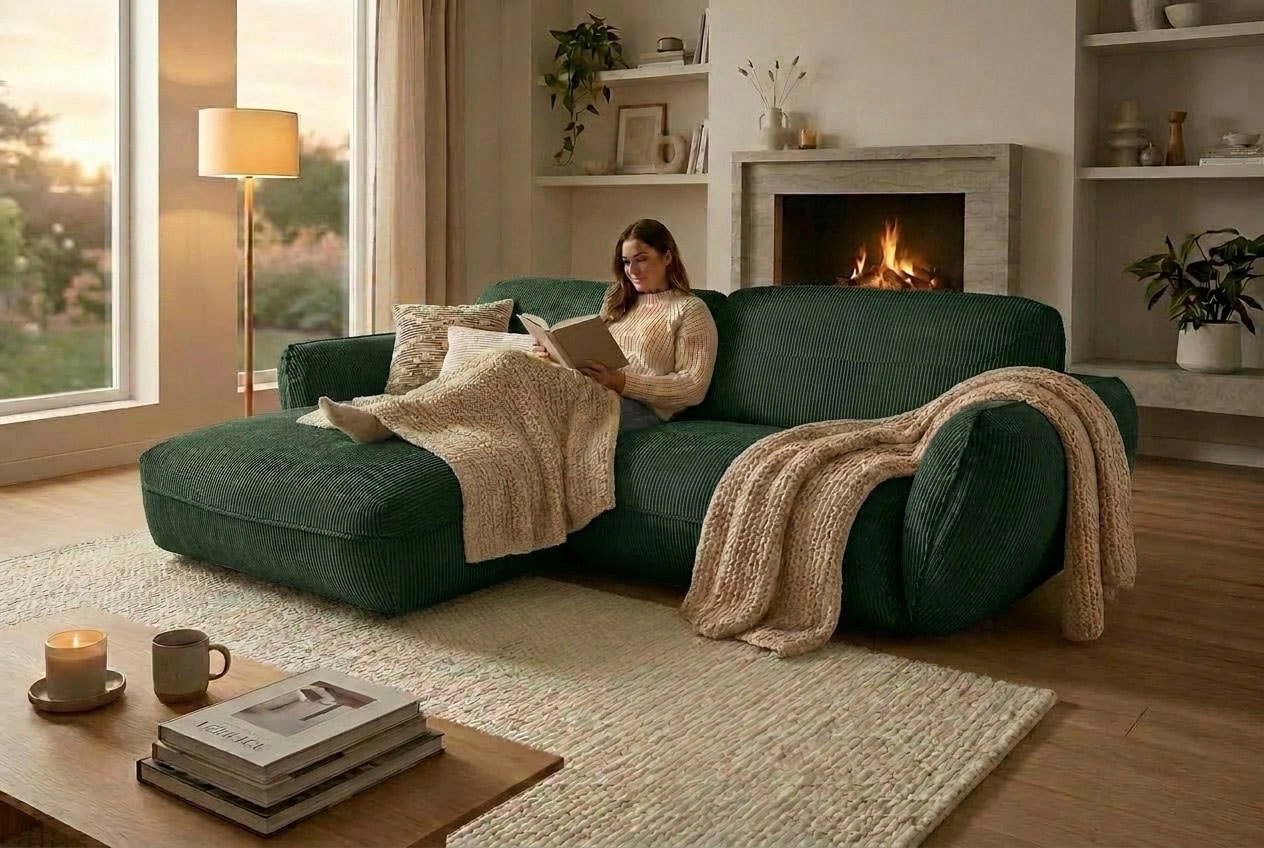 TRENDMANUFAKTUR Ecksofa "Be Chilled, modernes Lounge-Design mit stilvoller Kedernaht" mit softem Sitzkomfort, in hochwertigem Cord mit weicher Haptik