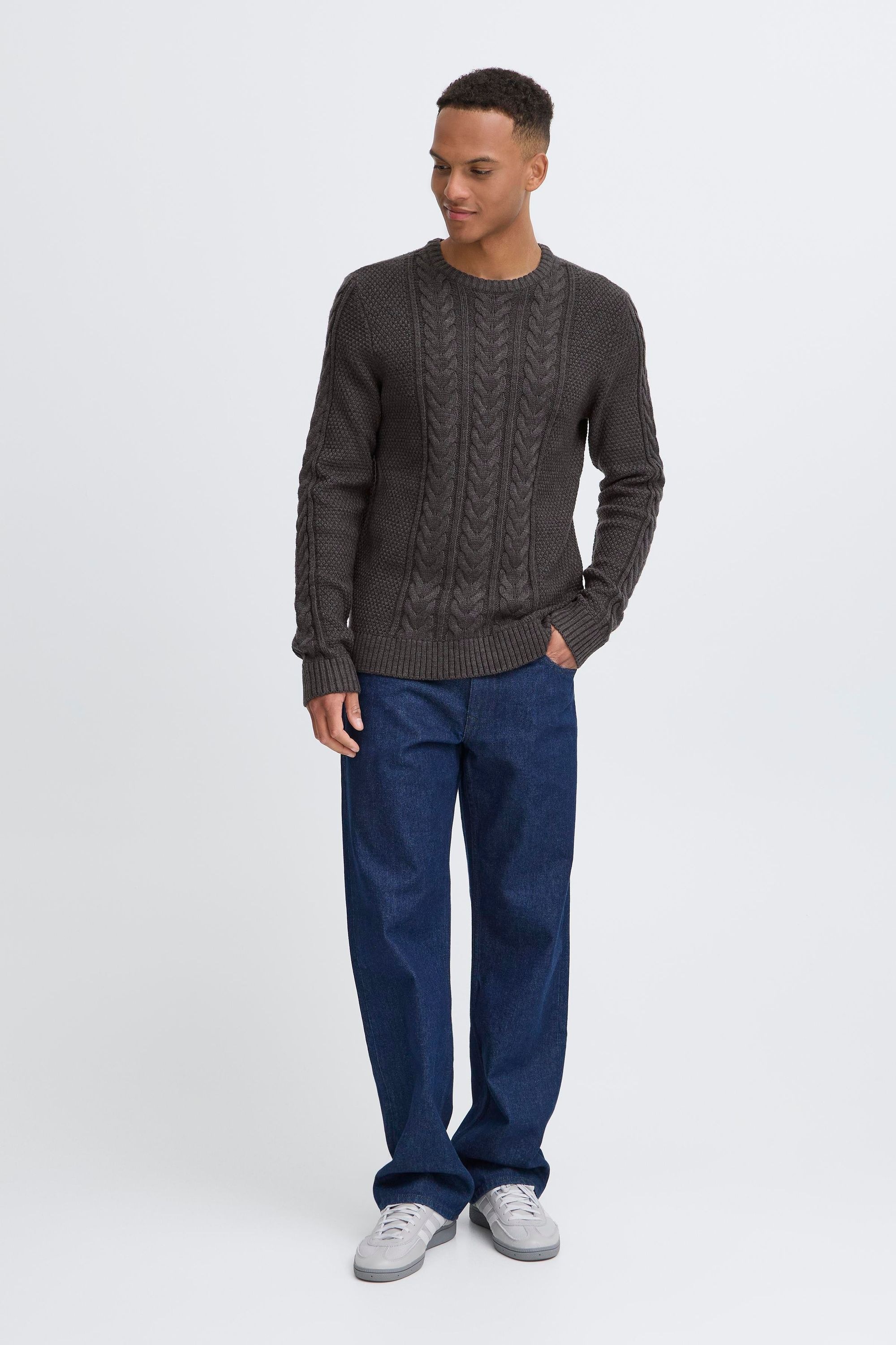 Strickpullover BLEND "BHBasim", Herren, Gr. S, charcoal mix, Grobstrick, 50% Baumwolle, 47% Polyacryl, 3% Nylon, Strukturmuster, Basic, normal normal, Rundhals, Pullover Strickpullover, Klassischer Grobstrickpullover mit Zopfmuster 5