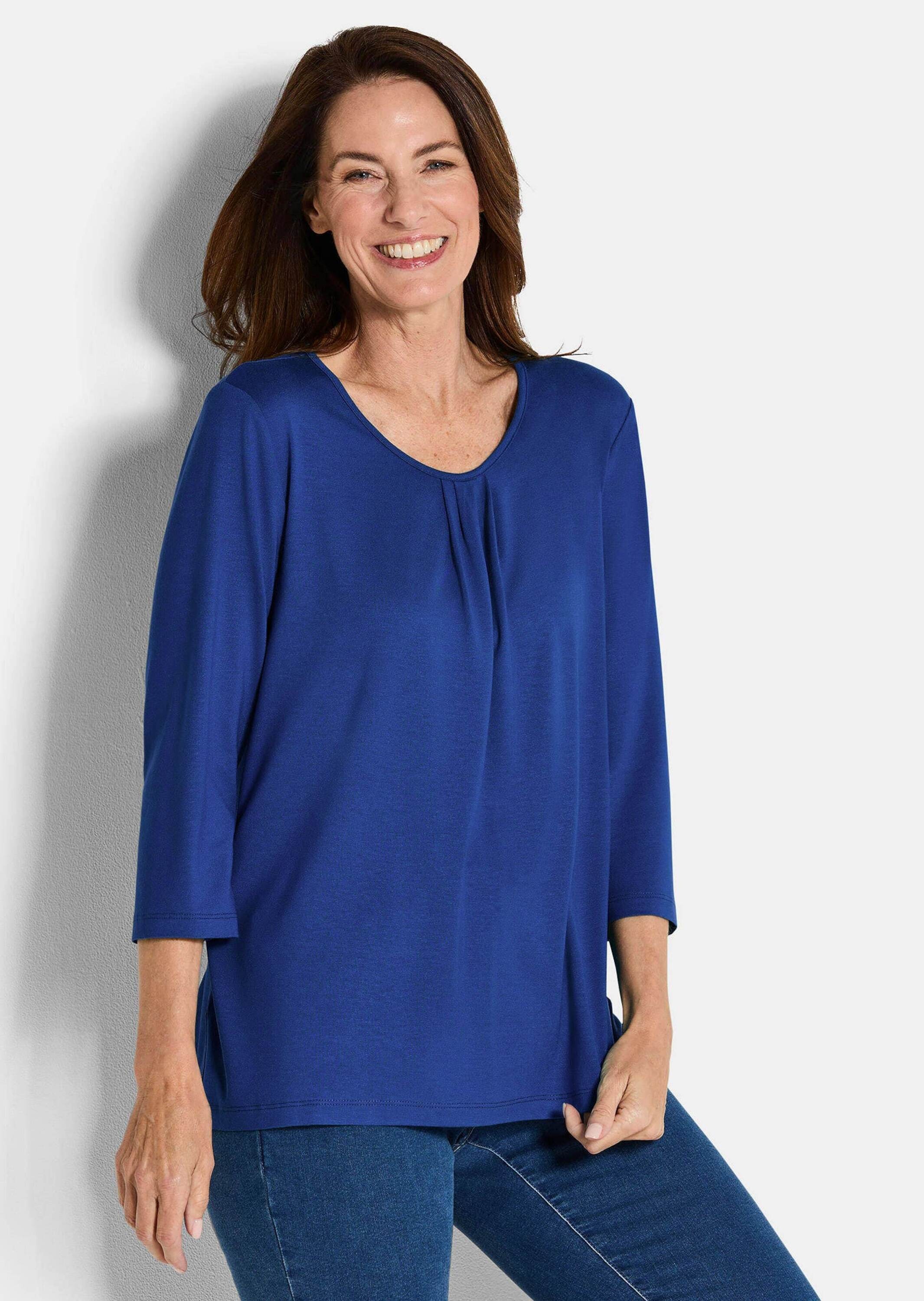 Kurzarmshirt GOLDNER "Kurzgröße Viskose-Oberteil mit Halbarm", Damen, Gr. 22, blau (royalblau), Obermaterial: 95% Viskose CV. 5% Elasthan EL., Modisch, Shirts, Falten 2