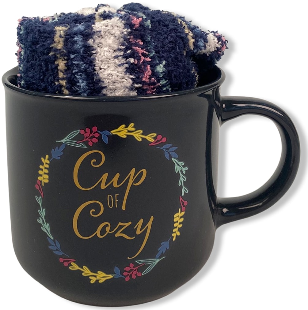Capelli New York Kuschelsocken, (1 Tasse und 1 Paar Socken), Geschenkset mit gemütlichen Socken und "Cup of Cozy" Tasse mit Blumen