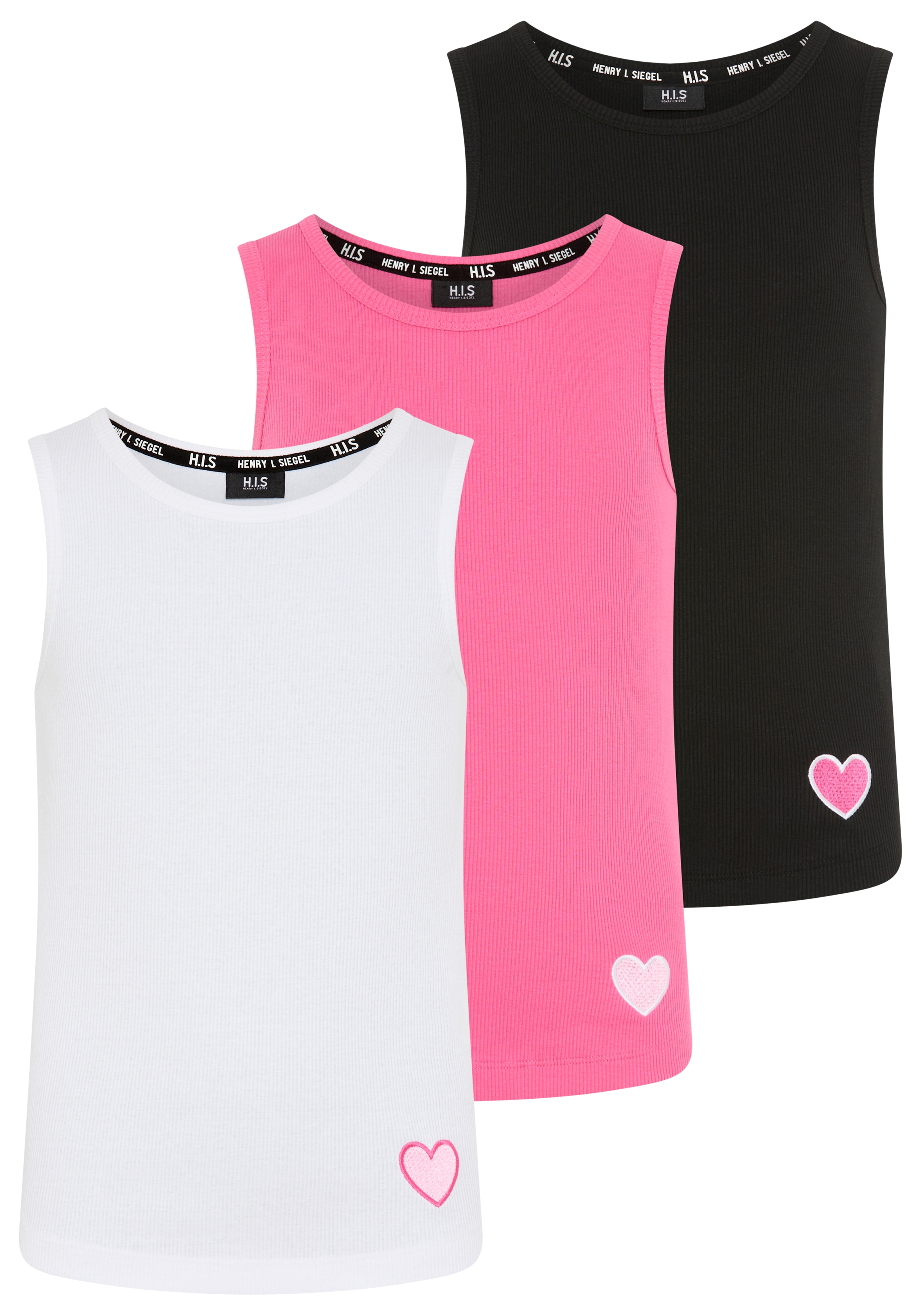 H.I.S Ripptanktop "3er Pack H.I.S Ripp-Tops mit Stickerei für Mädchen" Packung, 3, 3 tlg. für Mädchen, ärmelloses Design, aus Baumwolle, elastische Rippware