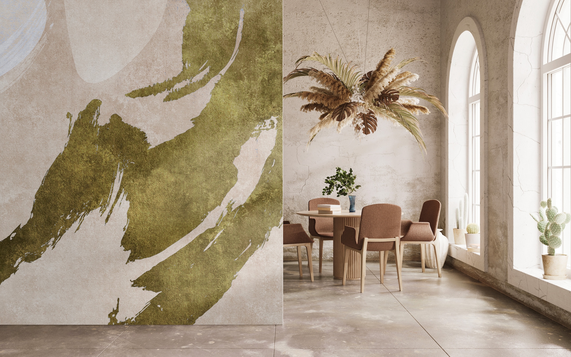 living walls Vliestapete "Abstrakte Tapete Pinselstriche Grün Beige Zen-Stil" matt glatt
