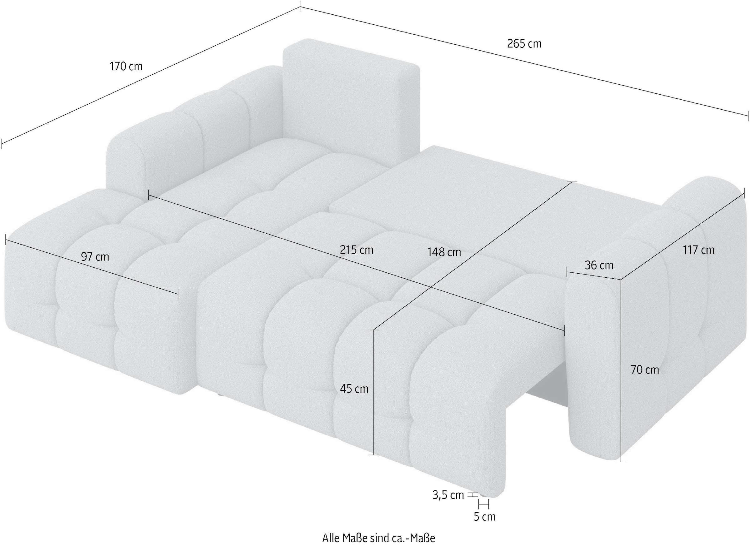 INOSIGN Ecksofa »Manilla, wahlweise mit Bettfunktion, B/T/H 265/170/91 cm«, L-Form mit Recamiere rechts/links bestellbar, Wellenunterfederung