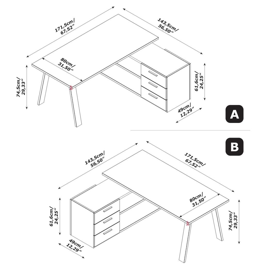 Composad Eckschreibtisch »Davinci, mit 3 Schubladen, 2 offenen Fächern,«