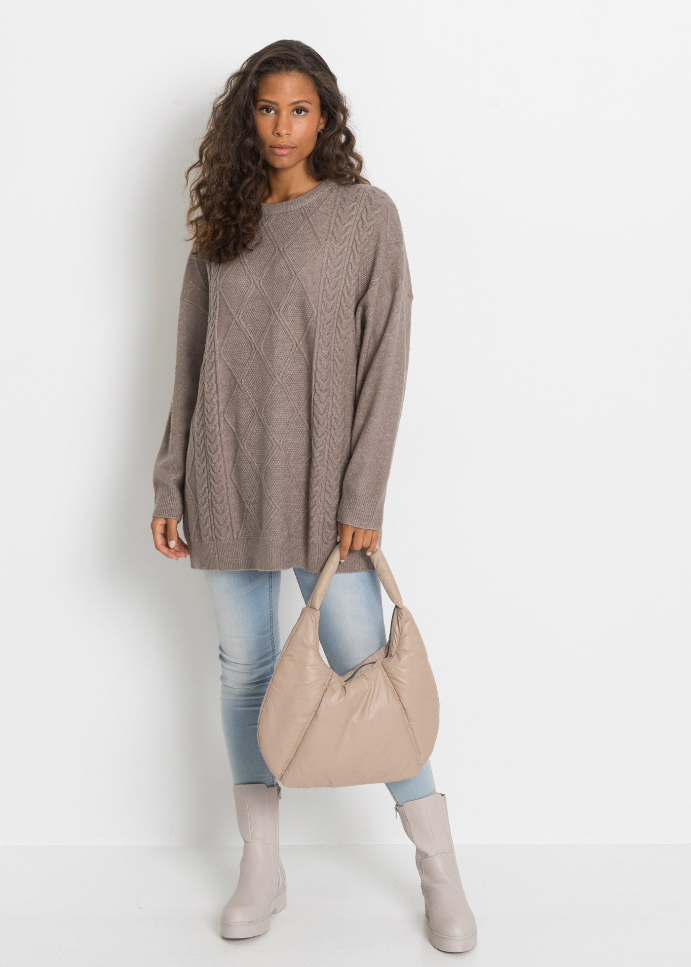bonprix Strickpullover mit tollem Zopfmuster, lässige Oversized Passform, Melange-Optik
