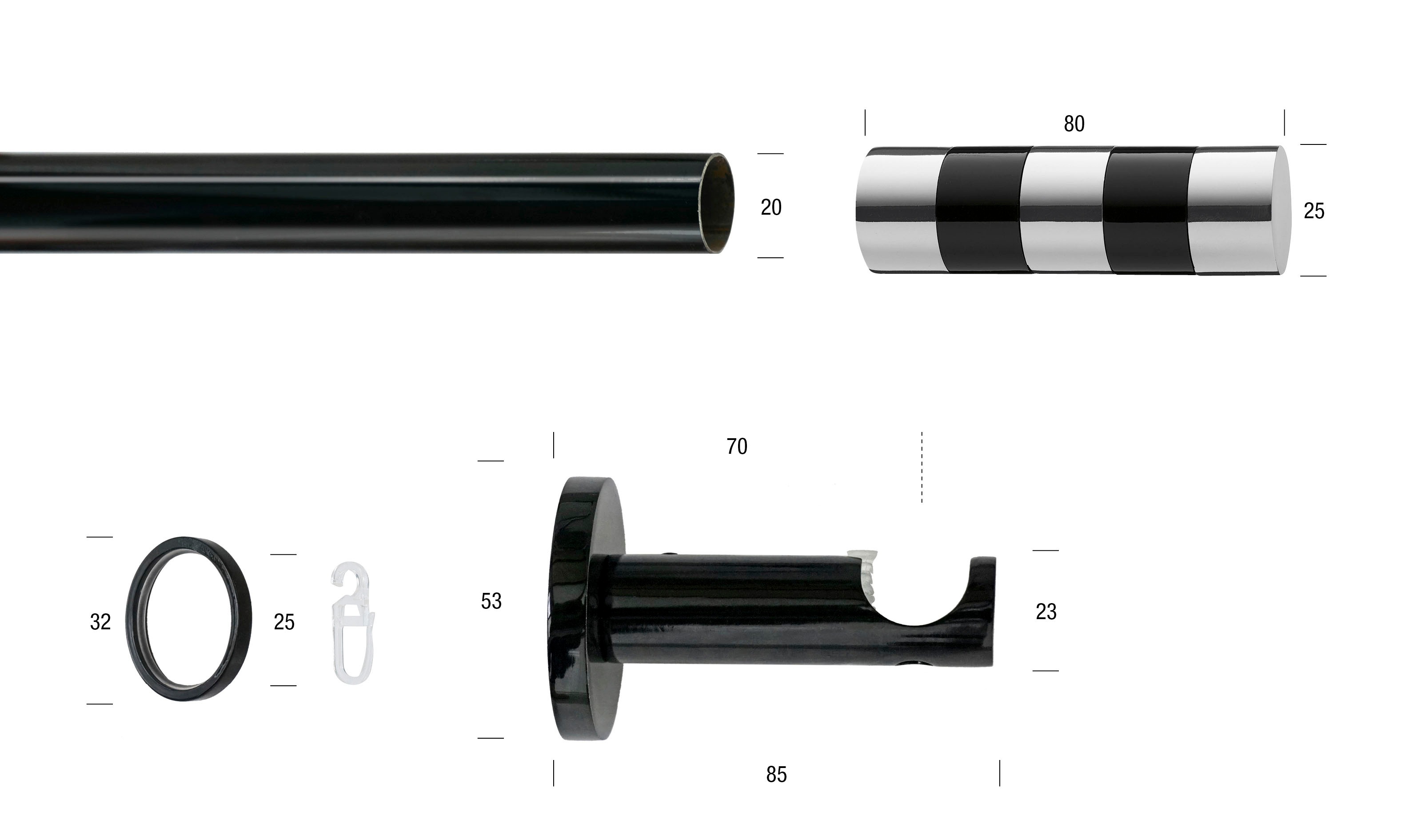 Thumbnail - GARESA Gardinenstange "BLACK" Ø 20 mm 1 läufig-läufig Wunschmaßlänge Vorhanggarnitur, verlängerbar, Endknopf abgeschrägt...