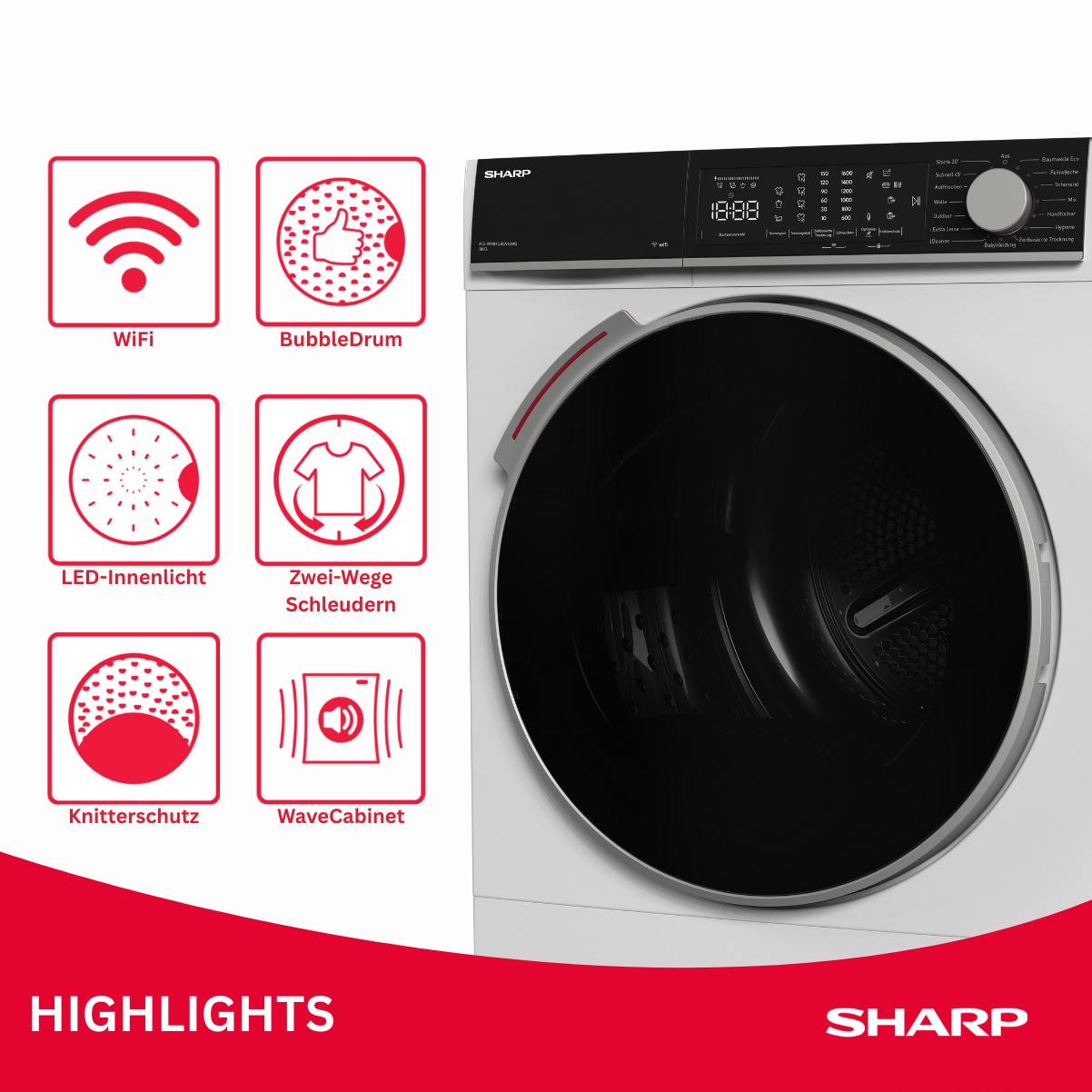 Sharp Wärmepumpentrockner »KD-WNHL8S9GWB-DE« KD-WNHL WiFi, VeeZy App-Steuerung, BubbleDrum, Sensortrocknung, 15 Programme