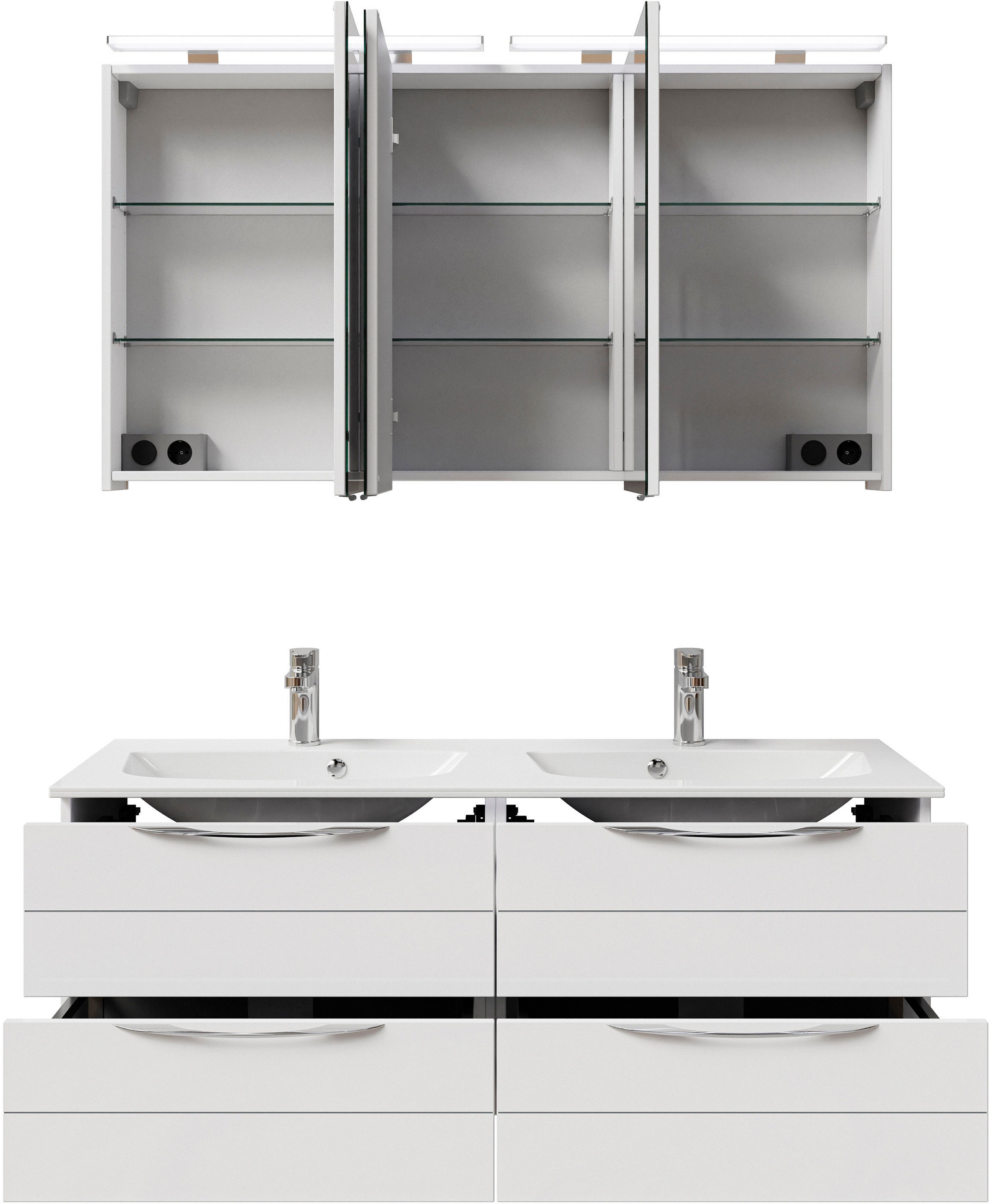Saphir Badmöbel-Set »Serie 6025 2-teilig Mineralmarmor-Waschtisch mit LED-Spiegelschrank«, (2 St.), Waschplatz 132cm breit, 4 Schubladen, 2 Spiegel-Türen, inkl Türdämpfer