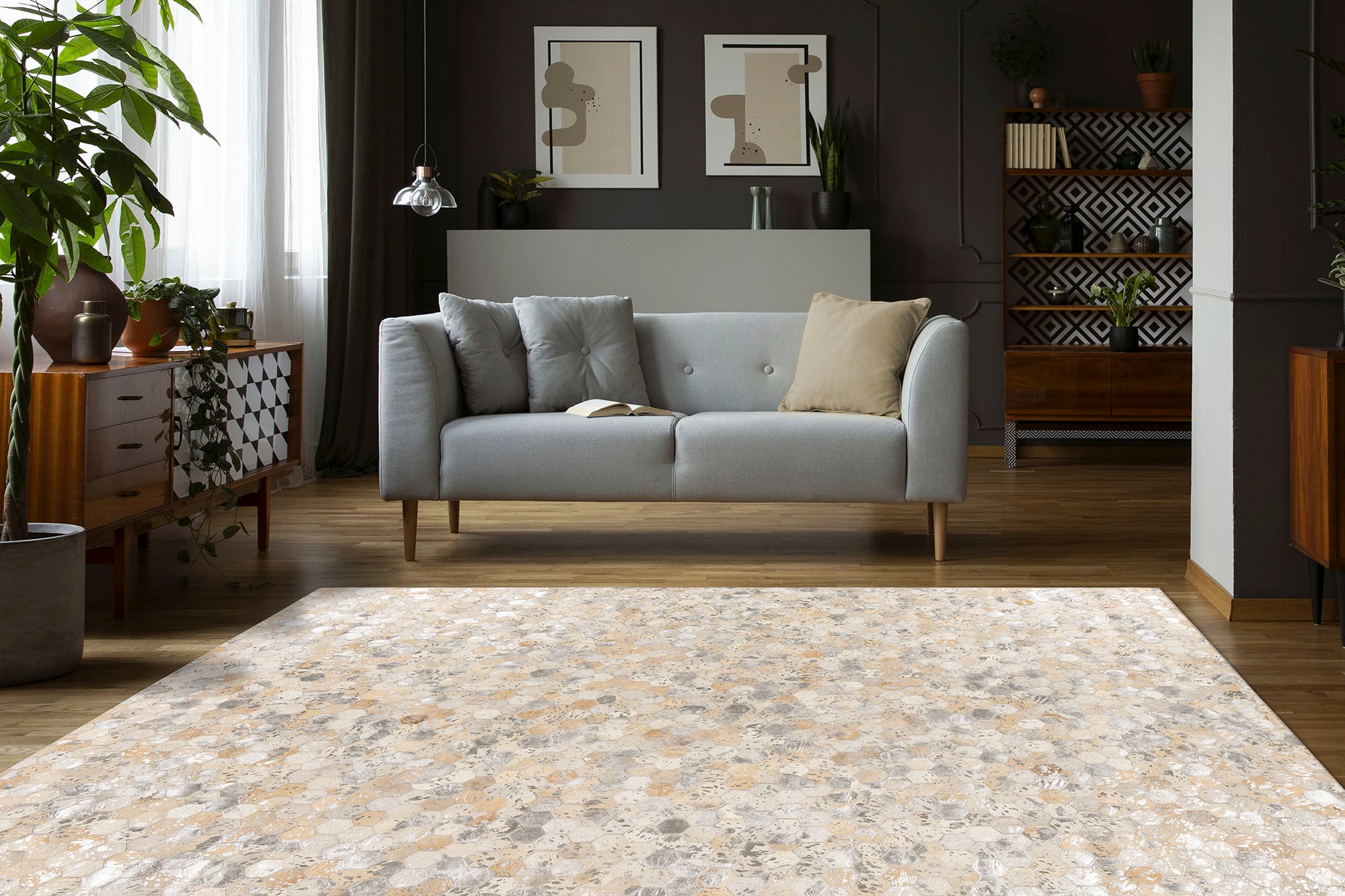 Kayoom Lederteppich »Ravi 400 - Fellteppich«, rechteckig, 8 mm Höhe, metallische Effekte, Patchwork Dessin, Rindsfell mit Wollrücken