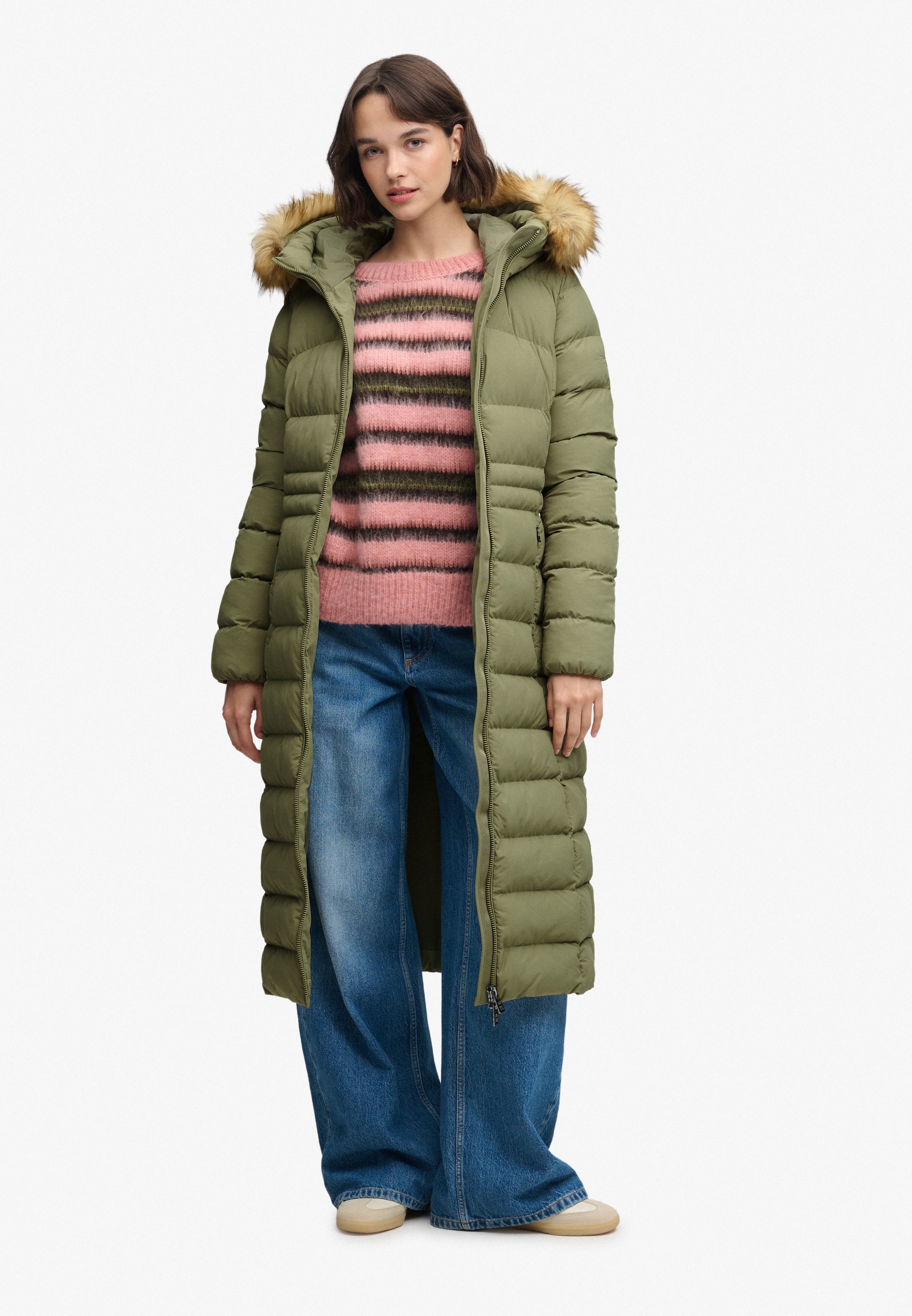 Superdry Steppjacke »HOODED FAUX FUR FUJI LONGLINE« mit Kapuze Kunstfaser, slim fit
