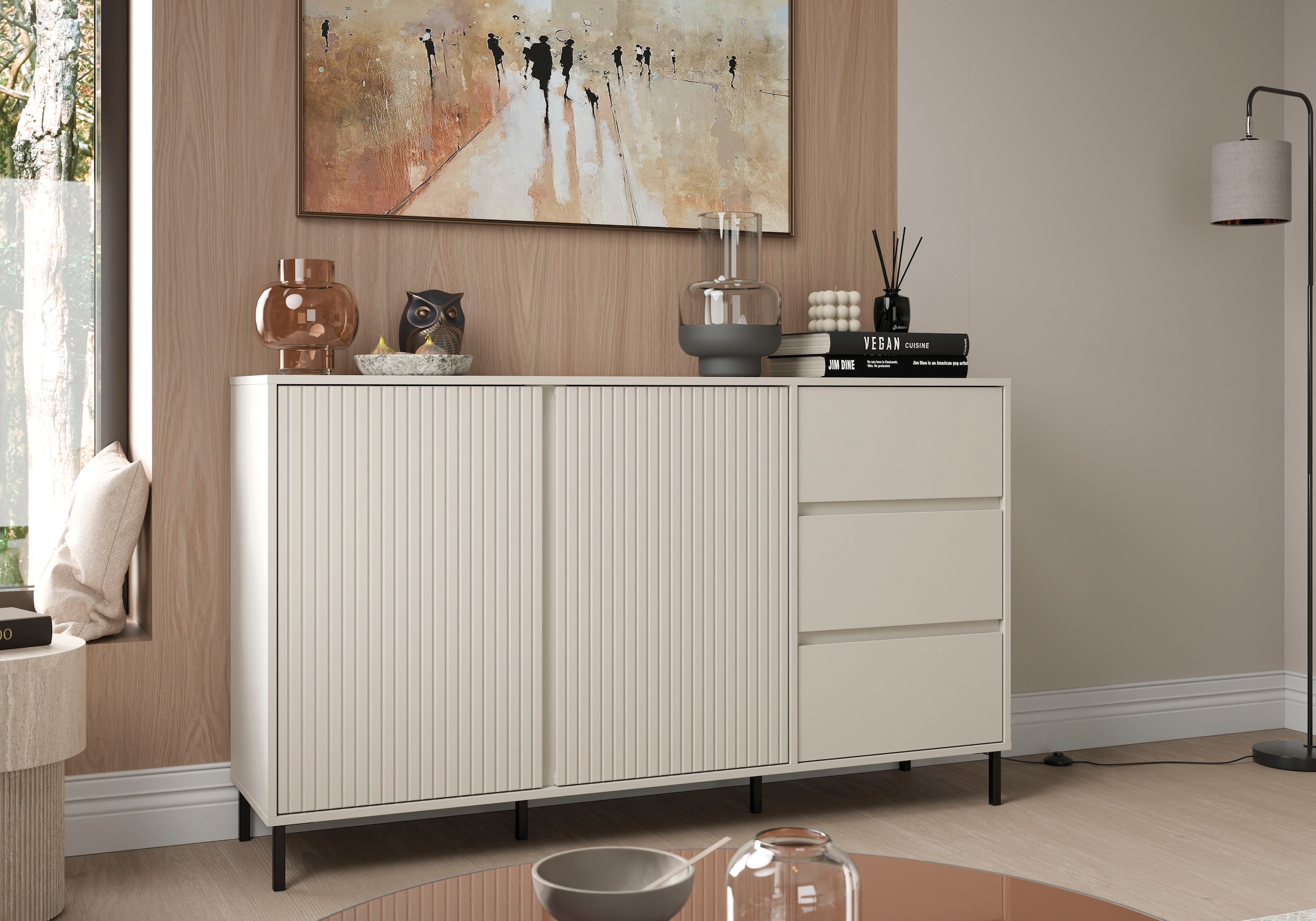 Home affaire Sideboard »viel Stauraum, Soft Close, 2 Türen und 3 Schubkasten« mit Metallfüßen, Breite 158 cm, grifflos, Fronten geriffelt