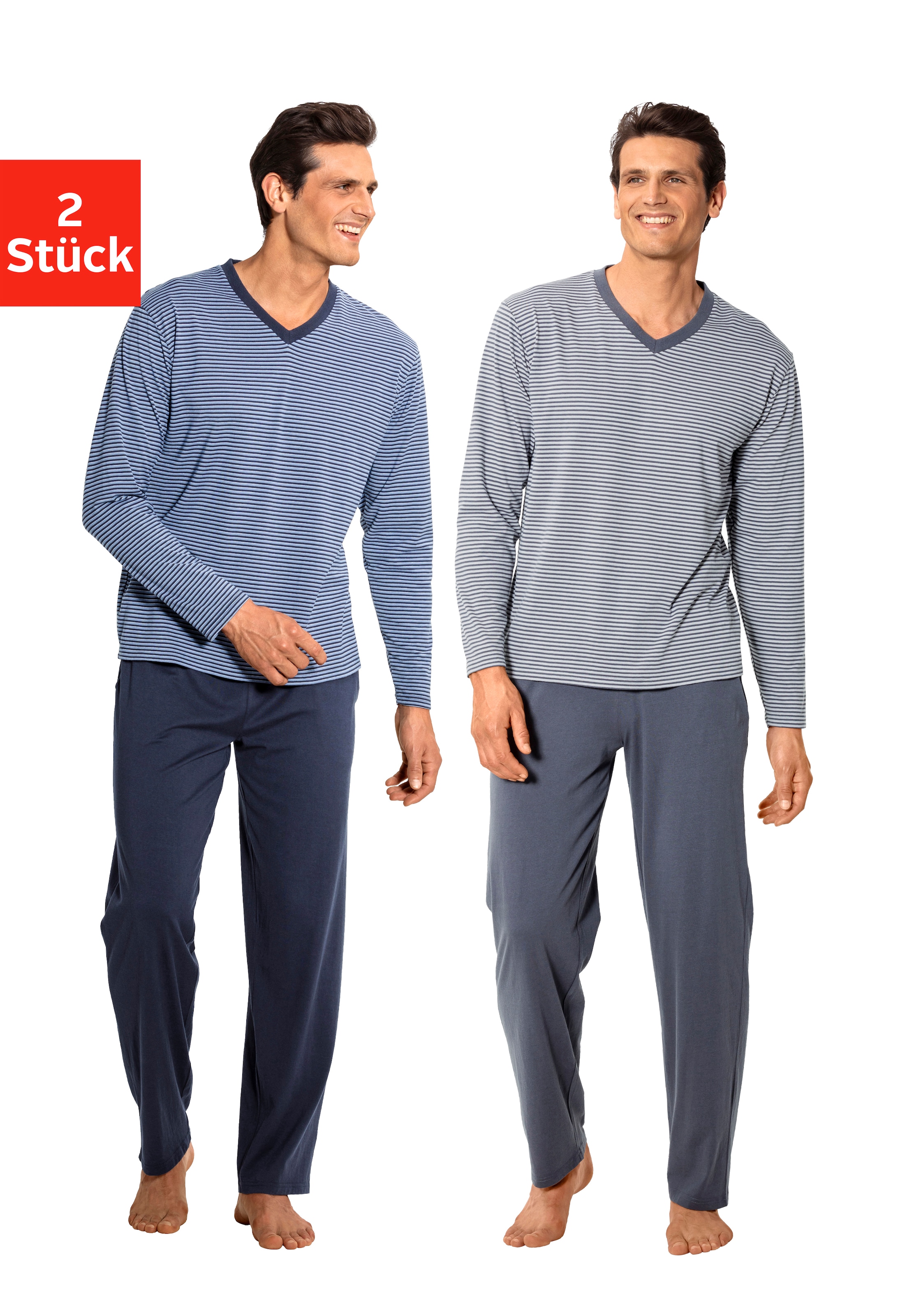 le jogger Pyjama, (Packung, 4 tlg., 2 Stück), mit garngefärbten Streifen