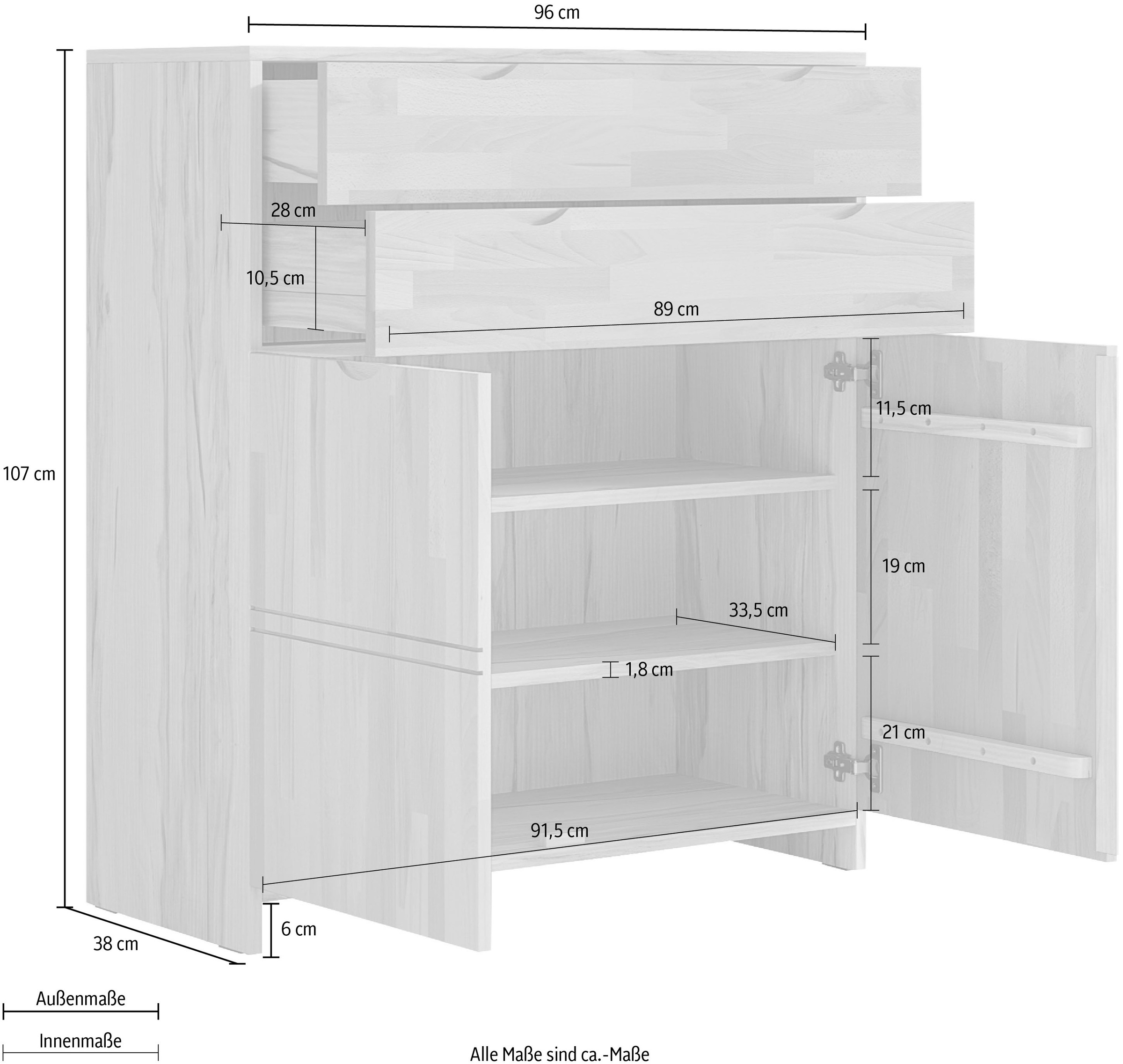 OTTO home Highboard »Maximus: 3 geräumige Fächer, 2 Softclose Schubladen,Hochwertig,Zeitlos« B/T/H: 96/38/107cm, Massivzholz Fronten&Oberdeckel, Korpus aus Melamin
