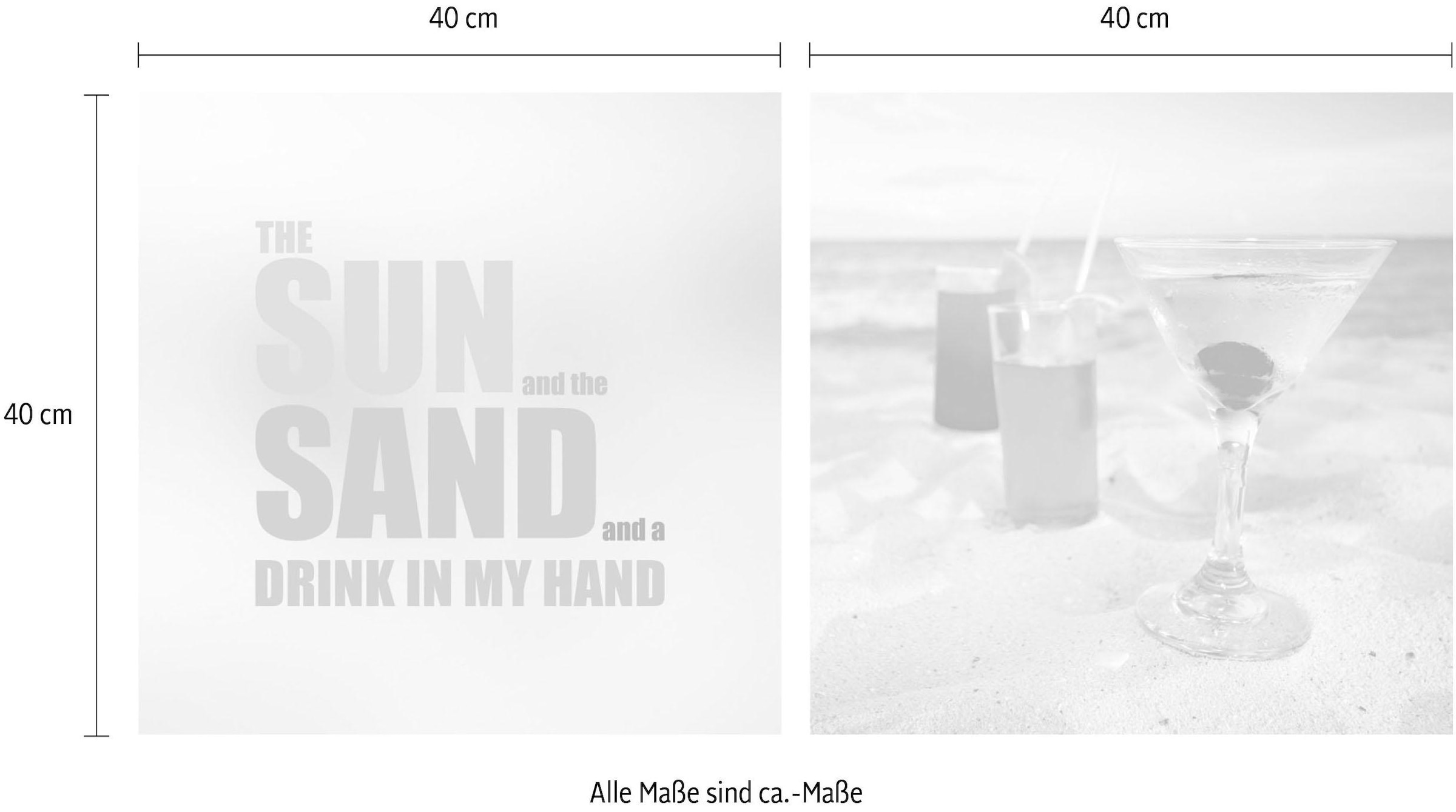queence Leinwandbild »Sun & Sand«, Getränke-Strand-Strandbilder-Meer-Meer Bilder-Kunst-Modern-Spa-Spa Bilder-Sprüche-Sprüche & Texte-Schriftzug-Schriftzüge, (Set), Premium-Leinwandstoff, Handarbeit aus Deutschland, Spruch, 2er Set