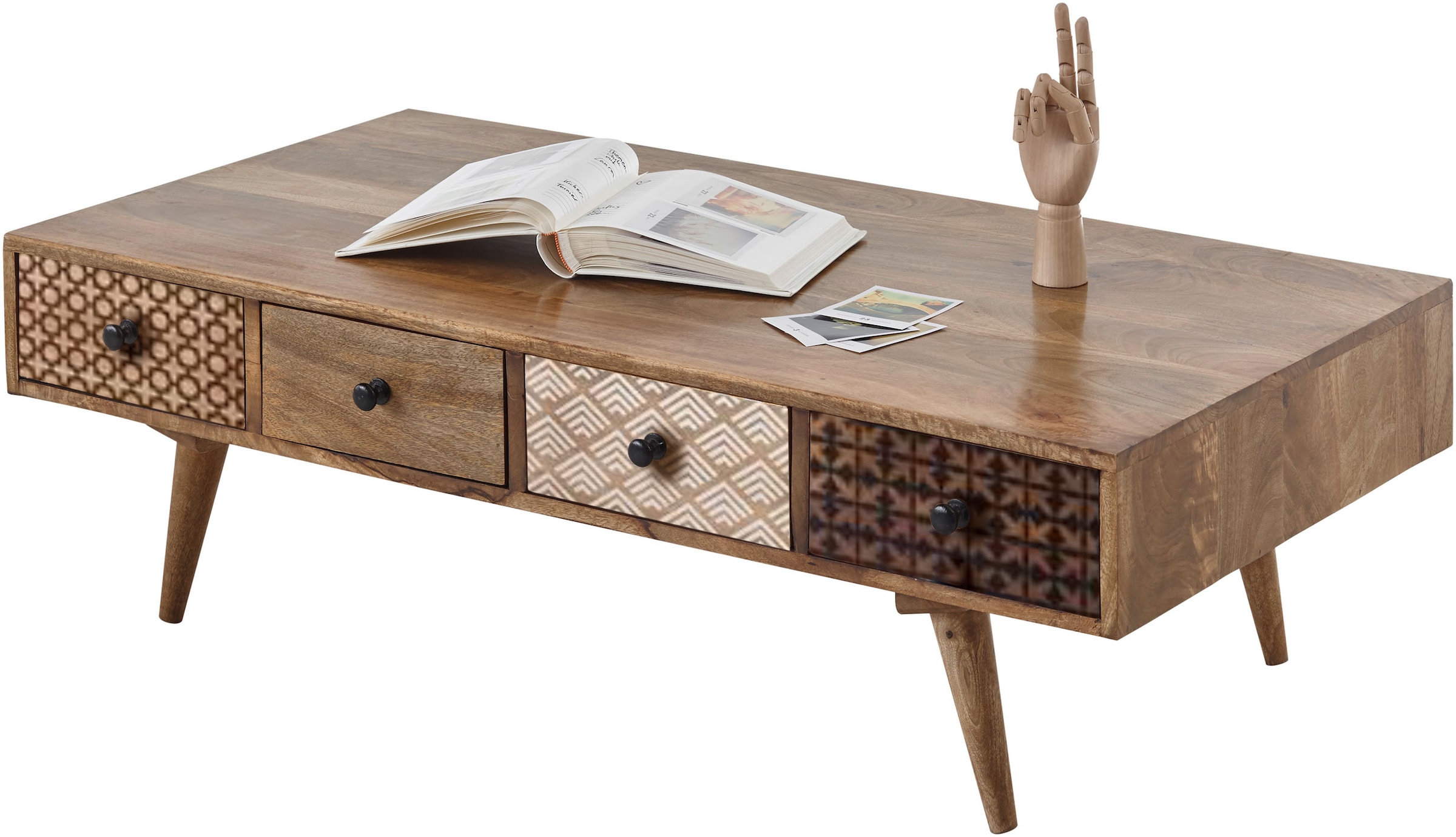 Stolkom Couchtisch »Shari Wohnzimmertisch mit Schubladen, Massivholz BxHxT 117x36x60 cm«, Mango Massivholz, 8 Schubkästen mit verschieden gemusterten Fronten