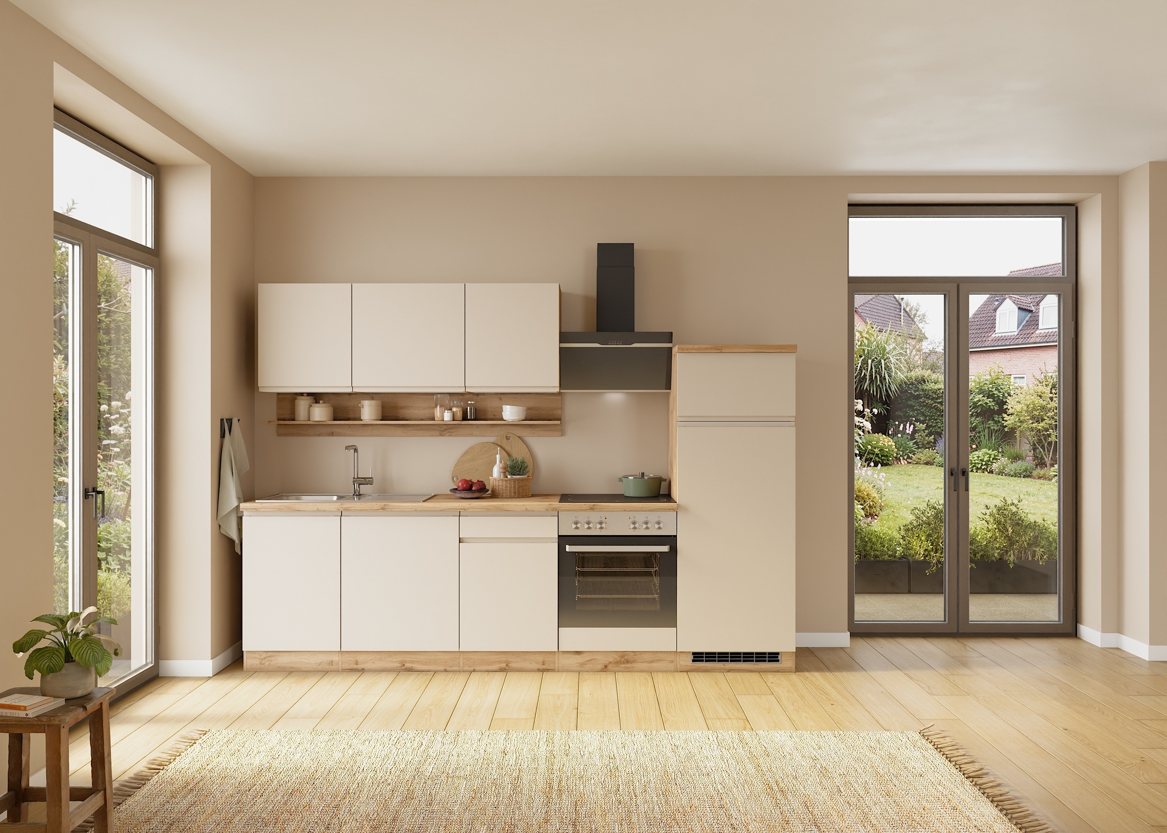 KOCHSTATION Küchenzeile »KS-Virginia,neu in verbesserter Ausführung« Arbeitsplatte 38 mm stark, Stauraum, Softclose,  Breite 280 cm, Soft-Close, wahlweise mit E-Geräten