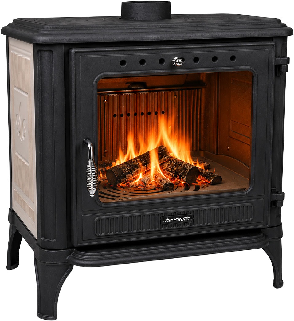 Hanseatic Kaminofen "Castor XXL, Gussofen mit Beige emaillierten Seiten für 50cm Holz" Großer Feuerraum