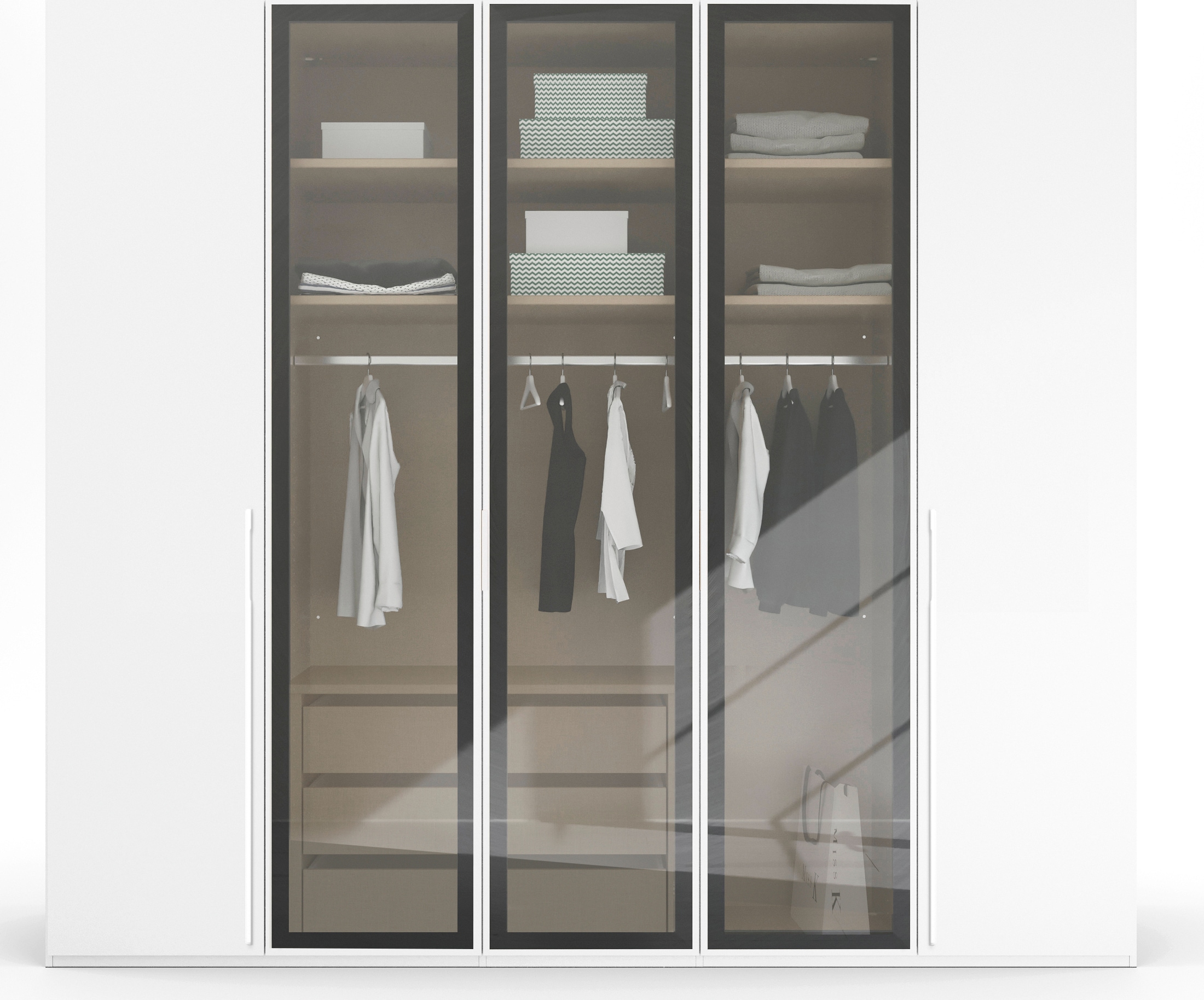 rauch Drehtürenschrank »Kleiderschrank Schrank Garderobe SKAT SHINE mit hochwertigem,«, transparentem Grauglas inkl. umfangreichem Zubehör MADE IN GERMANY