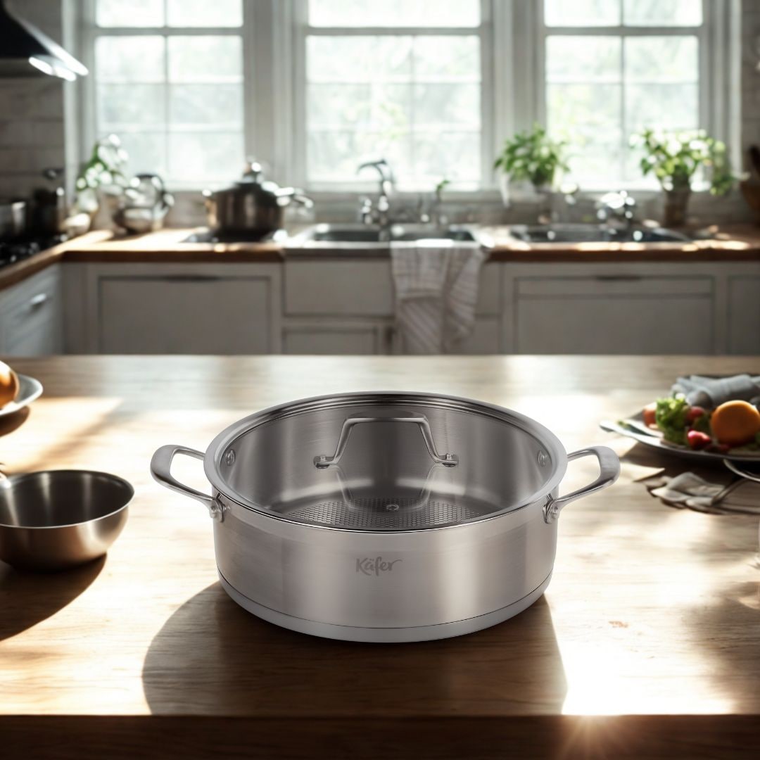 Käfer Servierpfanne »Käfer Pfanne aus Edelstahl«, Edelstahl 18/10, (2 tlg.), Ø 28 cm, Wabenboden, recycelter Edelstahl, induktionsfähig