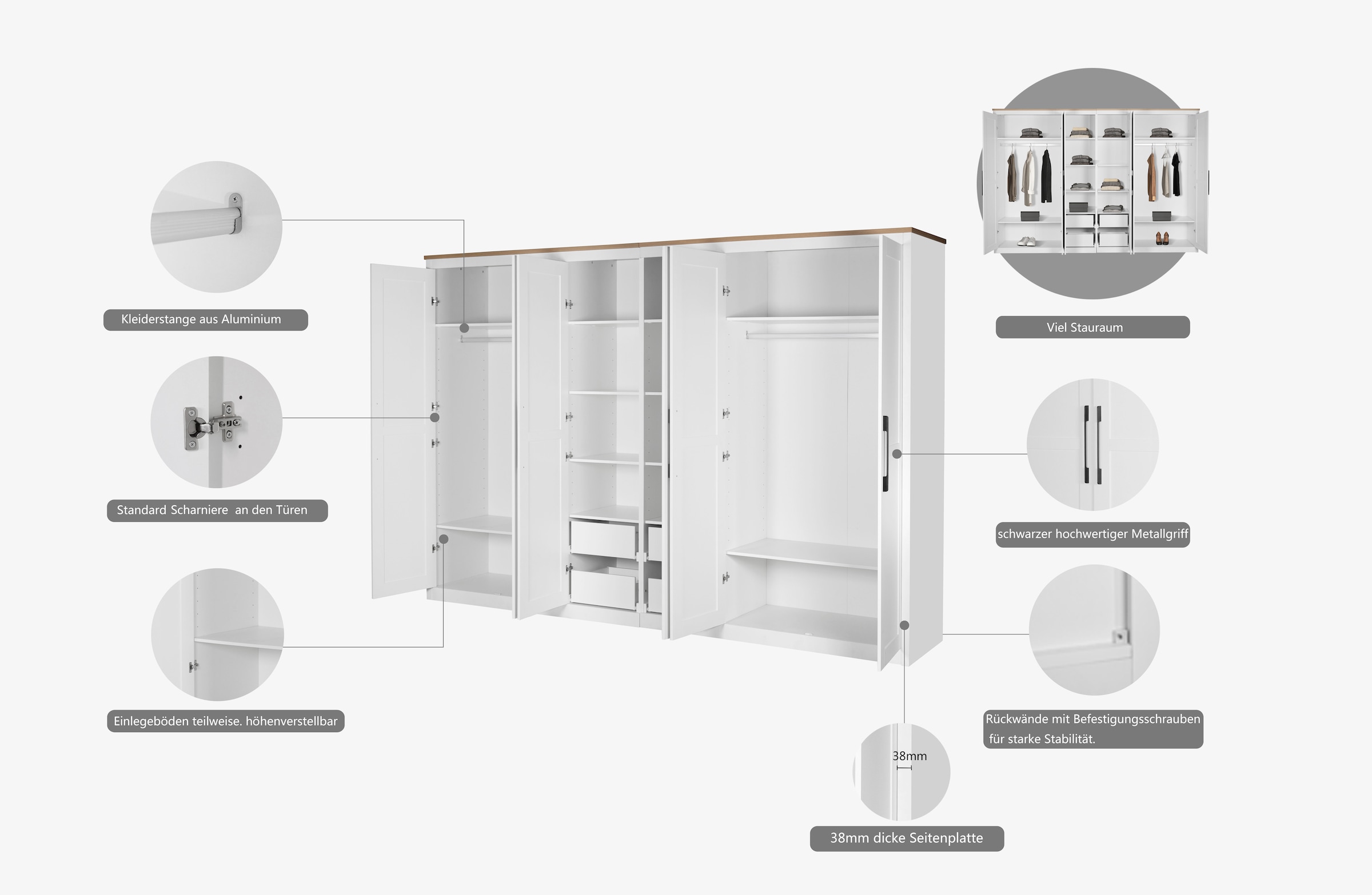 OTTO home Kleiderschrank »Büsum Schlafzimmer Schrank Otto´s Choice mit 6 Türen« stabile robuste Bauweise mit optimaler Aufteilung  - Breite 3m,  Schlafzimmerschrank Landhaus Design Garderobe Schrank Bestseller