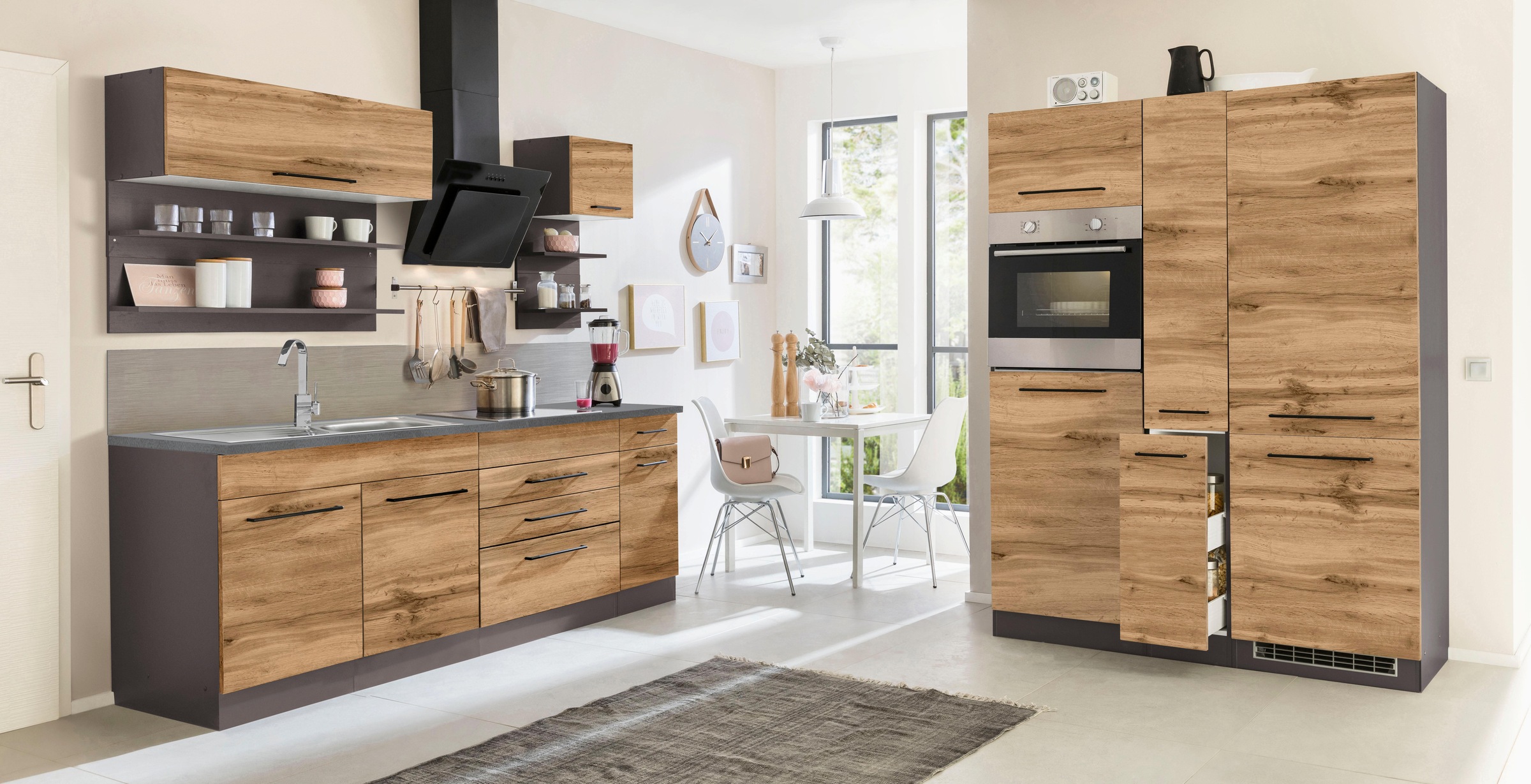 KOCHSTATION Küchenzeile »KS-Tulsa«, mit E-Geräten, Breite 380 cm, schwarze Metallgriffe, MDF Fronten