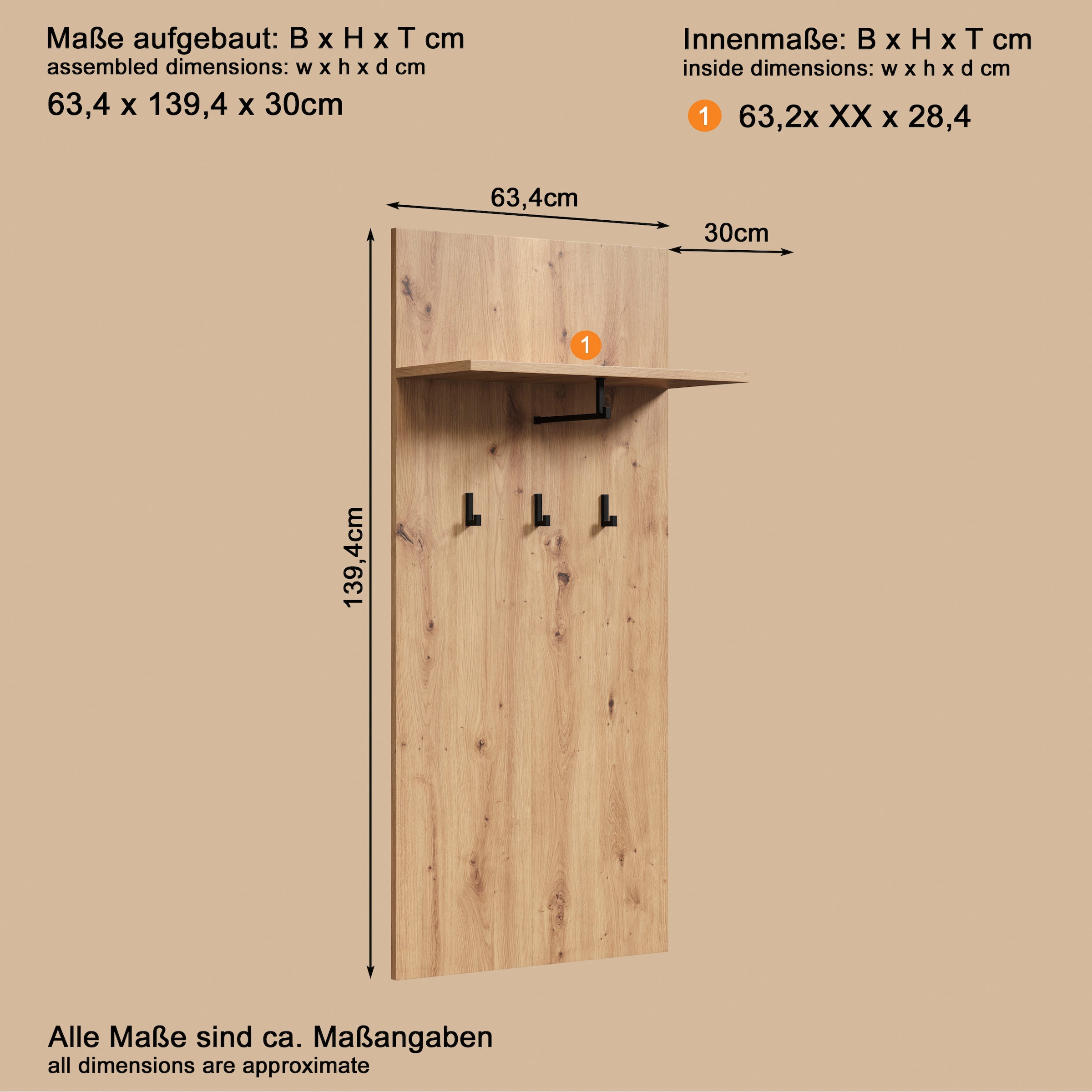 Places of Style Garderobenpaneel »Tarragona«, (1 St.), Wandpaneel mit Ablage & Kleiderstange - (B/T/H) 63/30/139 cm