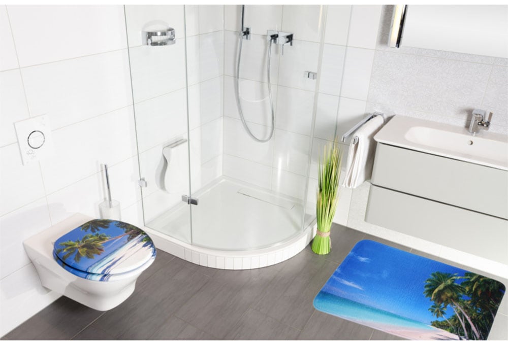 Sanilo Badaccessoire-Set »Karibik«, (Komplett-Set, 6 tlg.), bestehend aus WC-Sitz, Badteppich, Stöpsel, Seifenspender, WC-Bürste