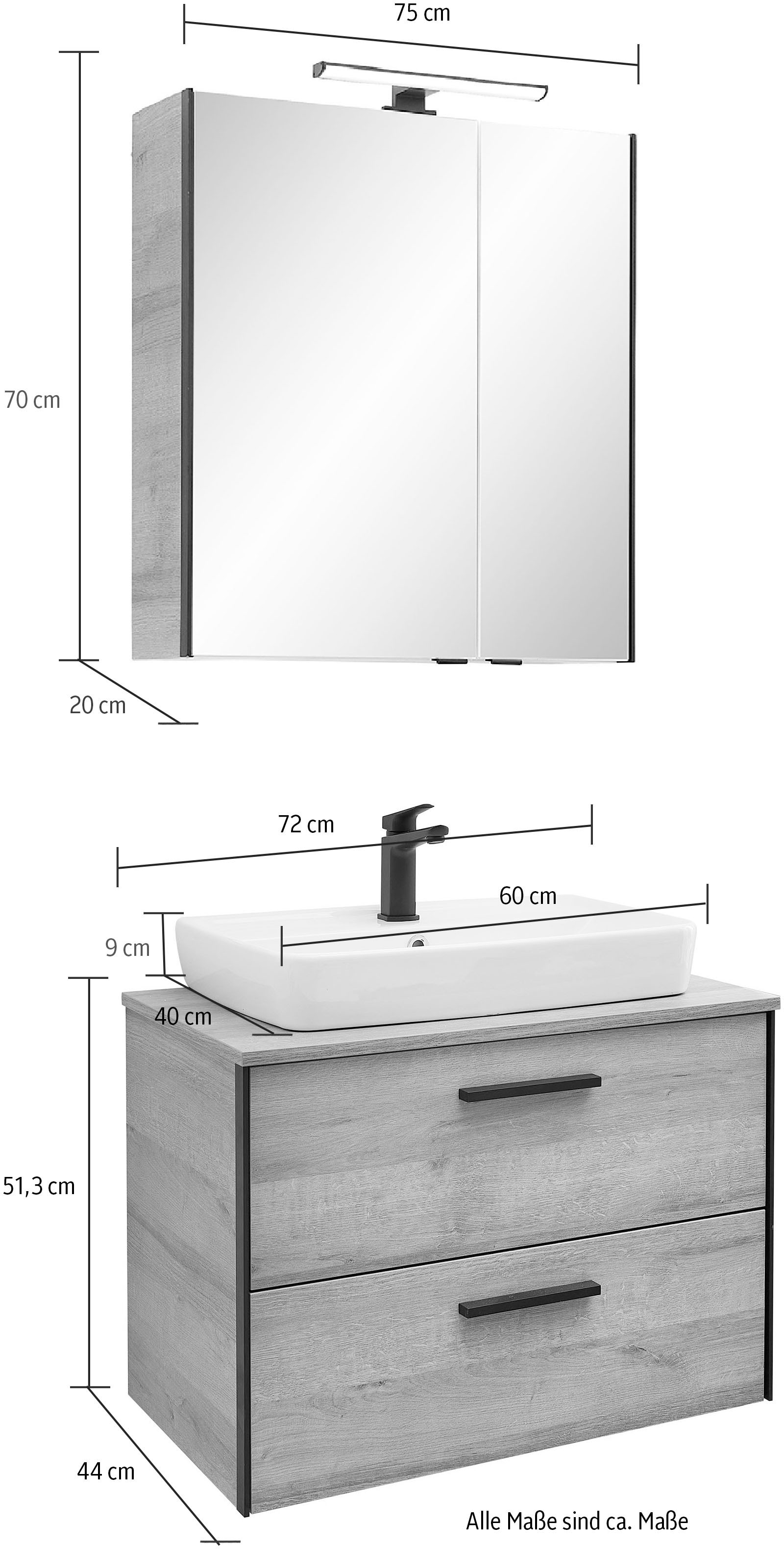 Saphir Badmöbel-Set »Quickset 395 2-teilig, Keramik-Aufsatzbecken mit LED-Spiegelschrank«, (4 St.), Waschplatz 73 cm breit, 2 Schubladen, Waschtischplatte, Bad-Set