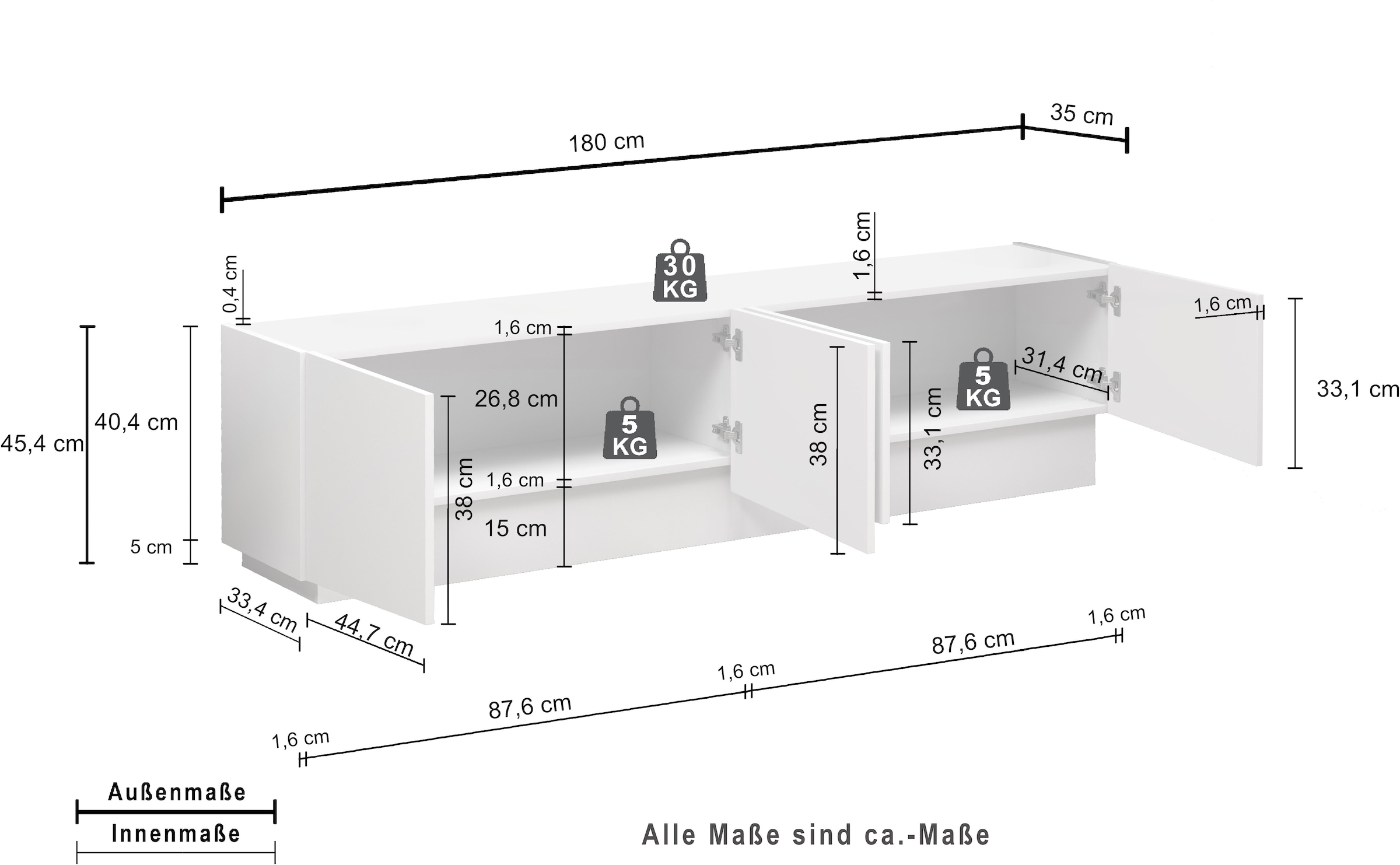 INOSIGN Lowboard »VELA, Lowboard, Breite 180 cm, Design mit schrägen Türen«, (1 St.), Made in Italy, Maße-B/T/H: 180x35x45, Lowboard, TV-Board, TV-Kommode