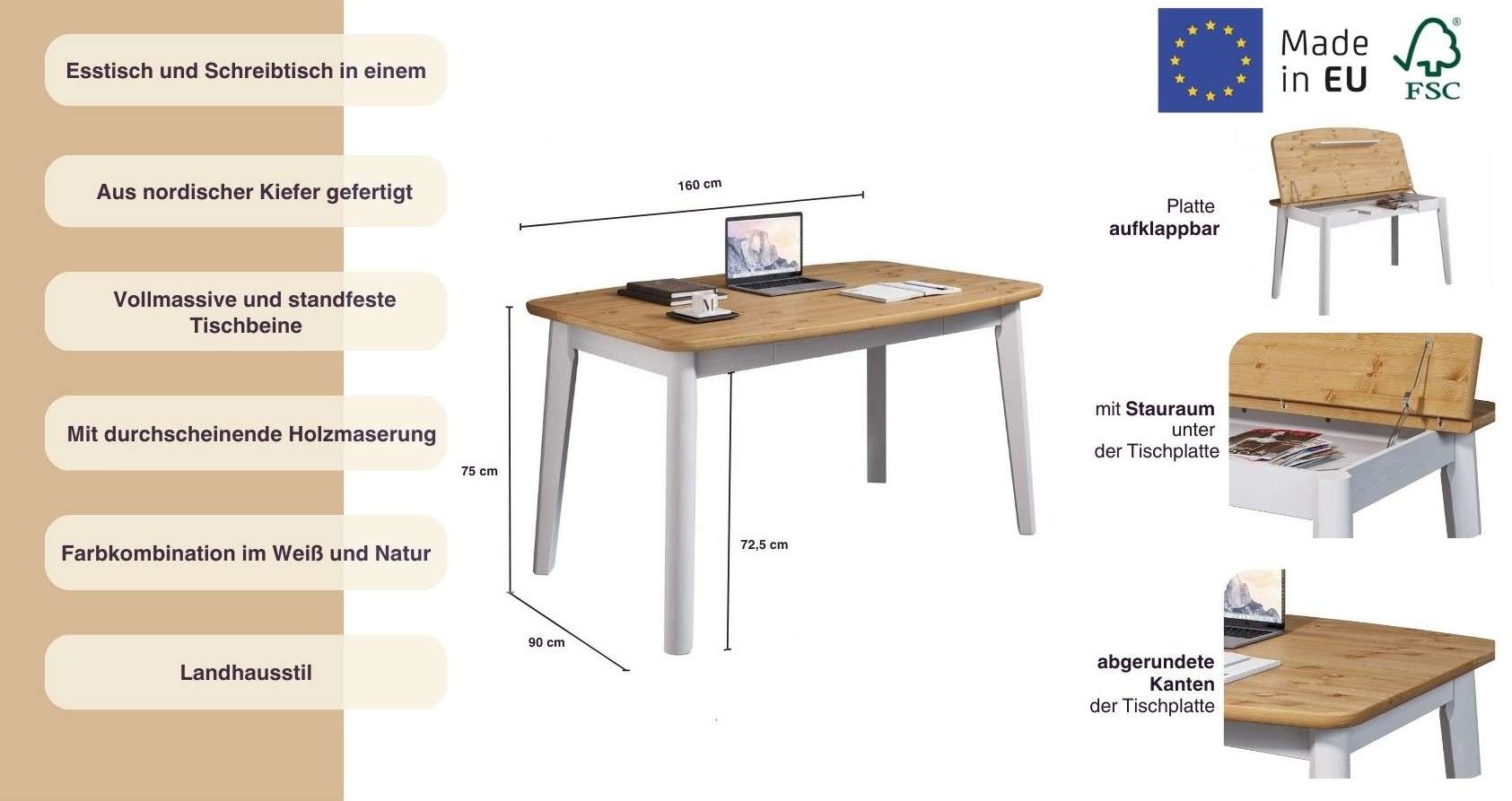 Home affaire Esstisch »Palermo, multifunktionaler Tisch, Arbeitstisch, Schreibtisch«, mit Stauraum, Platte aufklappbar, Home Office Schreibtisch, Massivholz
