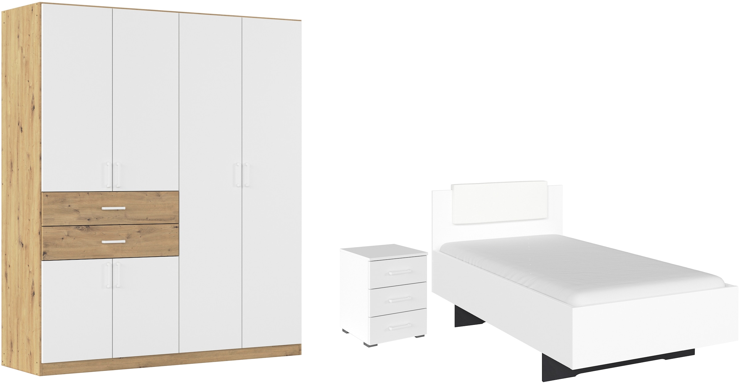 rauch "Komplettzimmer Komplettschlafzimmer Schlafzimmer-Set (3-St.) MAIKA" Set, 3 Stk. tlg. Schrank 3 Breiten, 2 Höhen, Bett 100 cm, Nachttisch MADE IN GERMANY