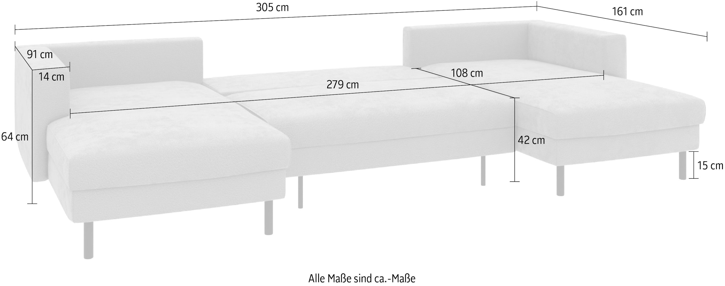 TRENDMANUFAKTUR Wohnlandschaft »Amazing II, wahlw. mit Schlaffunktion & Bettkasten, Fuß schwarz« Sofa in U-Form, in Cord, Struktur LEO o. Struktur LINO, Breite 305 cm