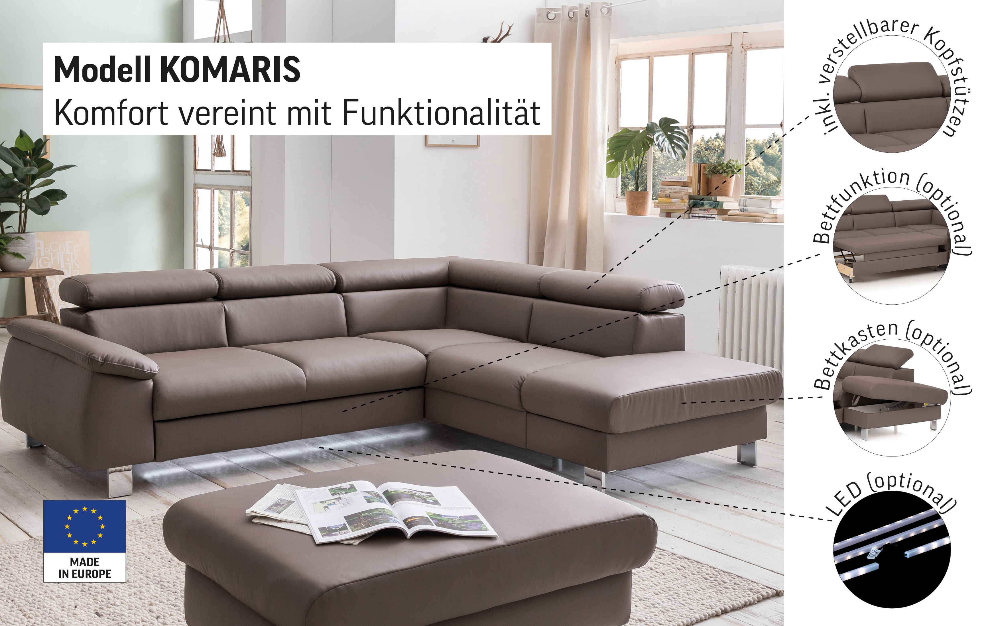 Thumbnail - COTTA Ecksofa "Komaris L-Form mit Kopfteilverstellung", wahlweise mit Bettfunktion, Bettkasten & Beleuchtung