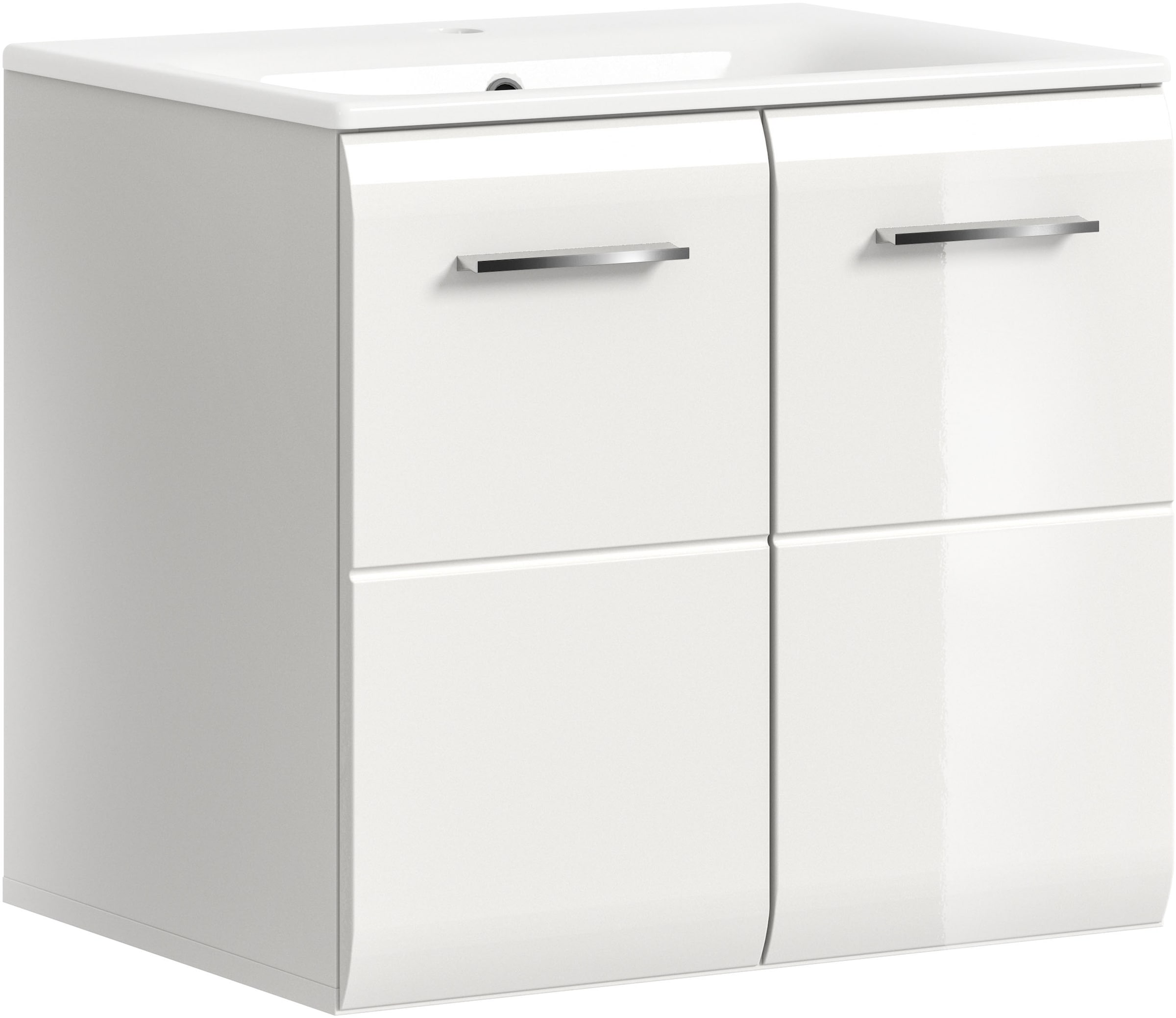 welltime Waschbeckenunterschrank "FLORENZ, Breite 60 cm, inkl. Waschbecken, hängende Montage" TOPSELLER, 2 Stk. tlg. hochwertige MDF Front, Griff chromglänzend, Badschrank, Bad