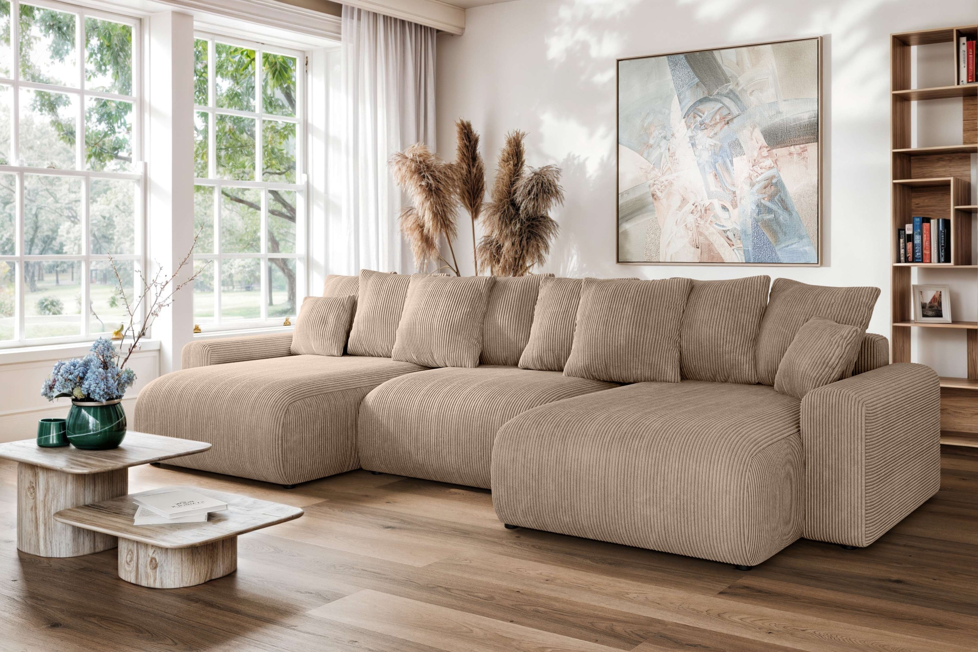 Home affaire Wohnlandschaft »LAKESIDE mit Bettfunktion und Bettkasten, Maße B/T/H: 332,5/142/84 cm«, U‑Form mit vielen Kissen und Wellenunterfederung