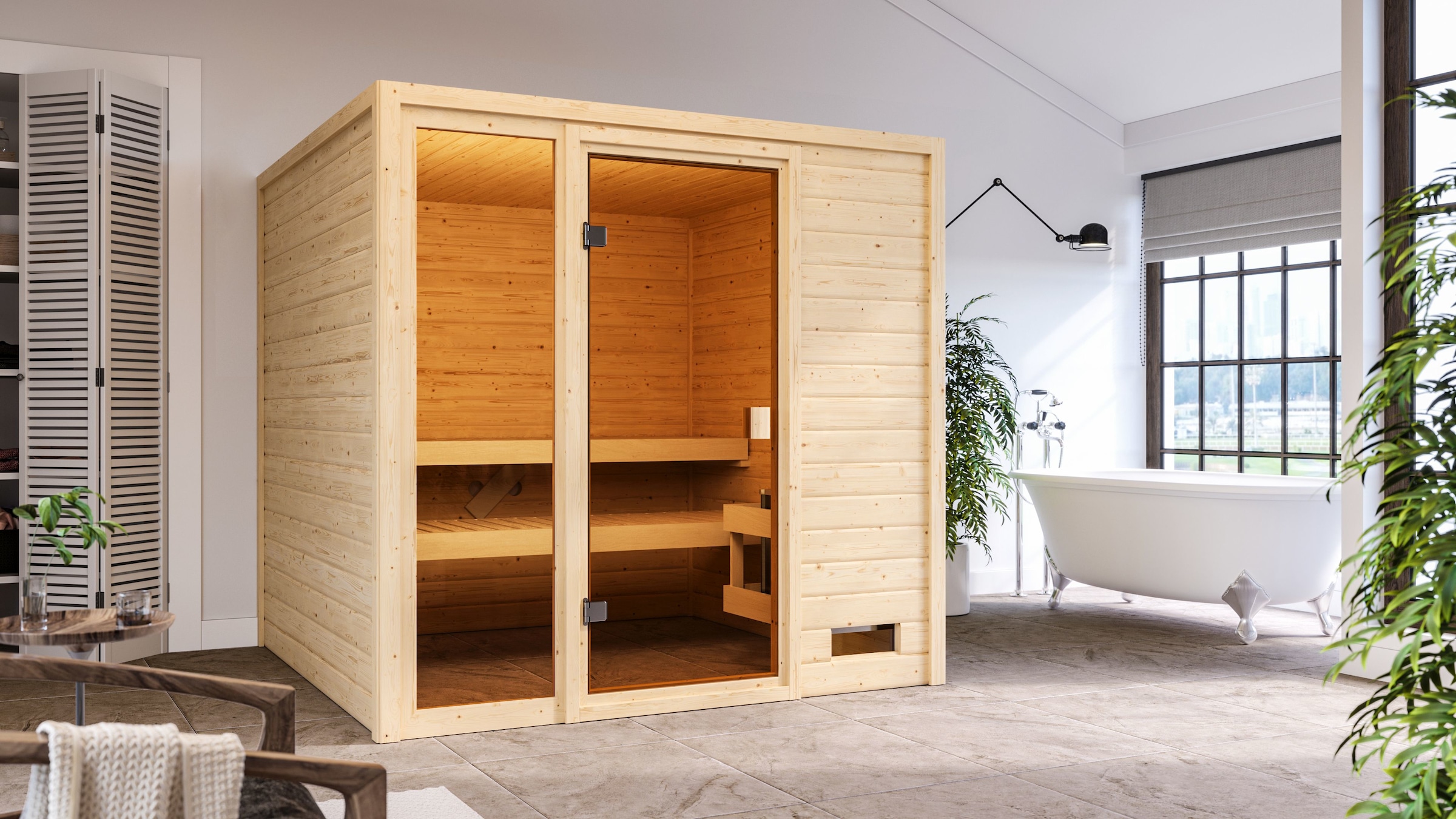 Karibu Sauna ""Jackie" mit bronzierter Tür, naturbelassen" aus hochwertiger nordischer Fichte