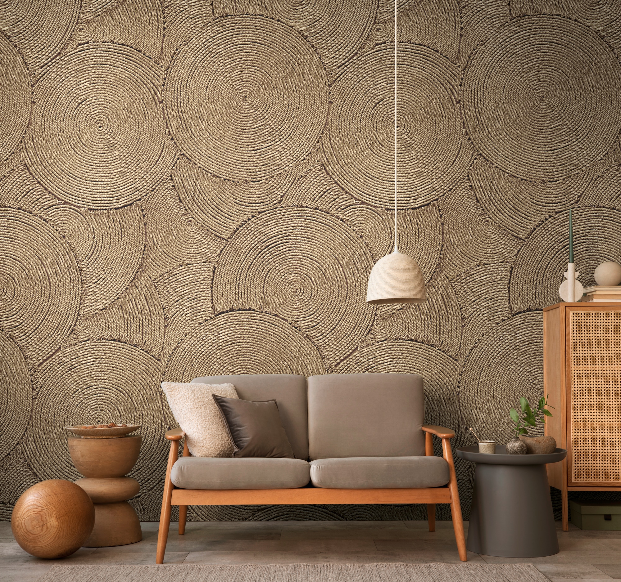 living walls Vliestapete "Vibes & Styles Ropana – Woven Circles Fototapete" Kunst leicht strukturiert Kreisstruktur in 3D-Optik mit natürlicher, moderner Ausstrahlung