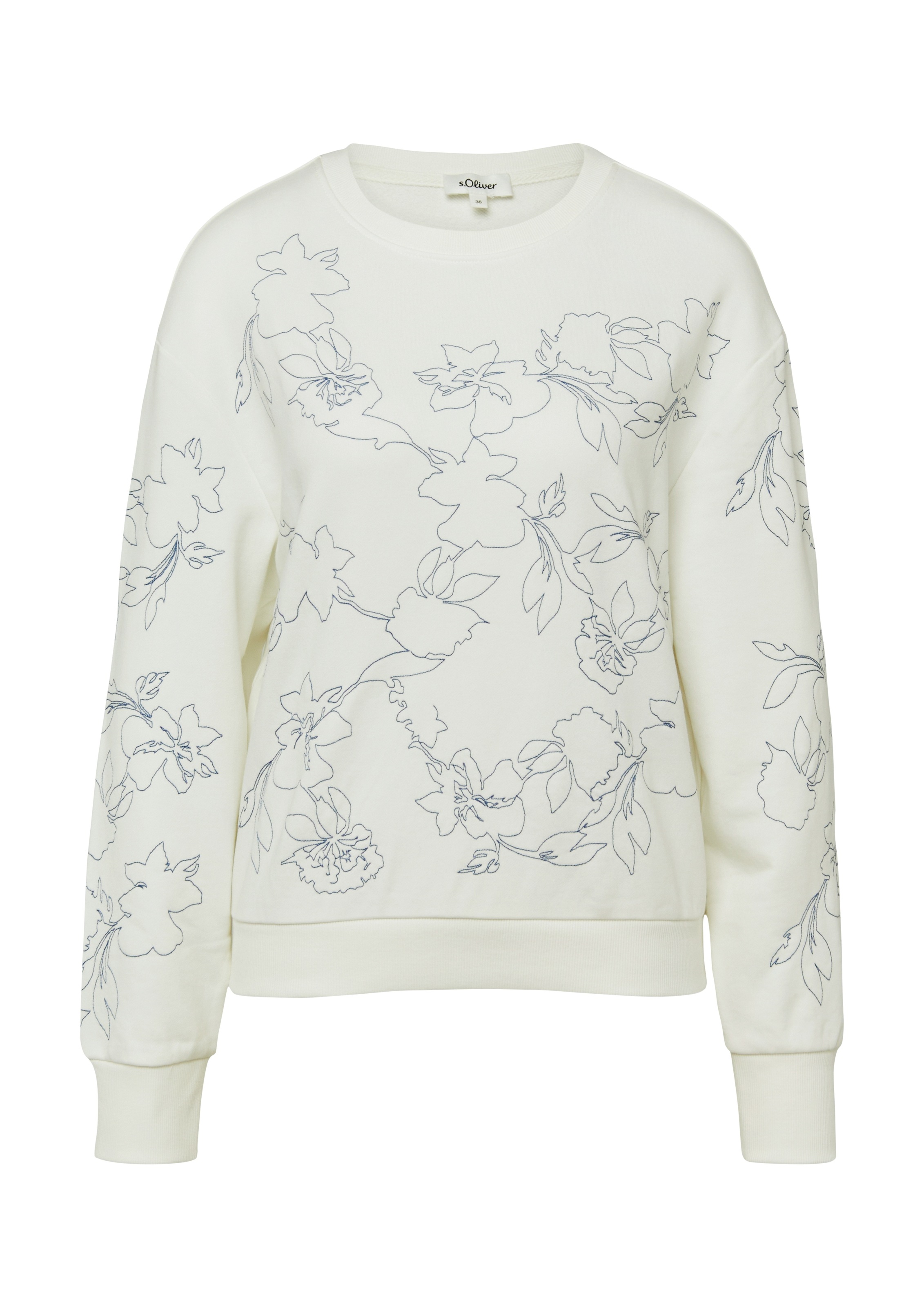 Sweater S.OLIVER, Damen, Gr. 46, sanftes weiß aop, Web, Obermaterial: 88% Baumwolle, 12% Polyester, bestickt, normal hüftbedeckend, Rundhals, Bündchen, Sweatshirts Sweater, mir floraler Stickerei 2