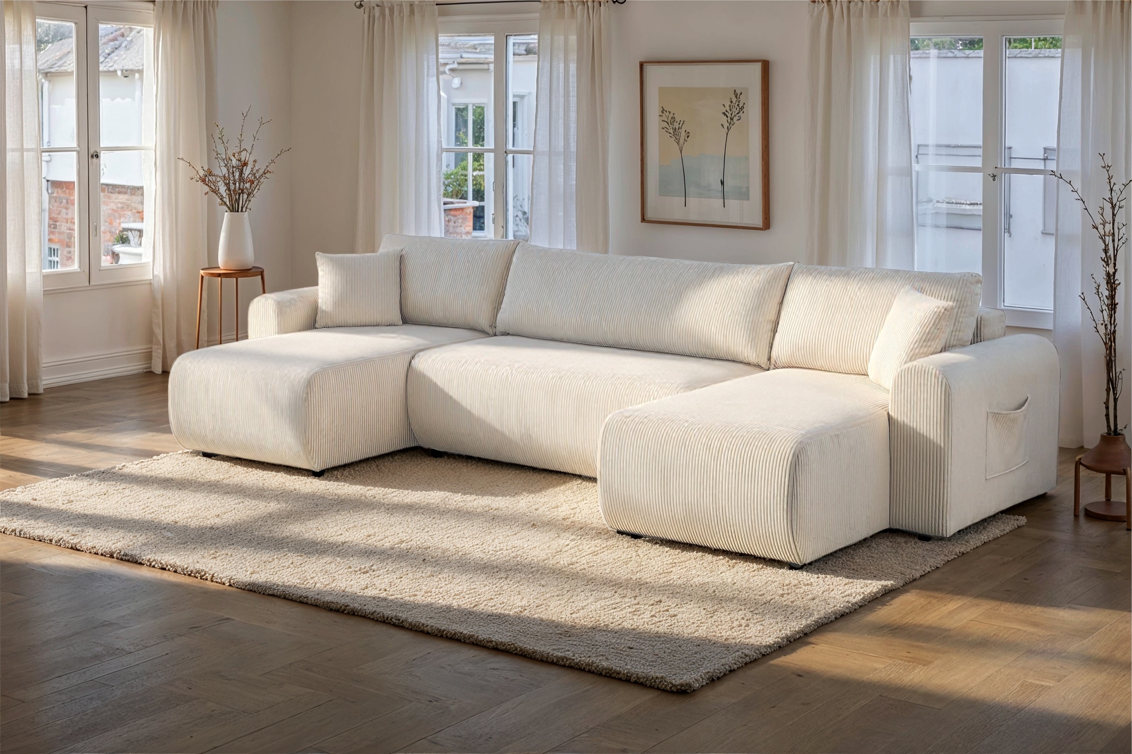 OTTO home Wohnlandschaft »JONAA, 311 cm, U-Form, Schlafsofa, Boxspringfederung, Dauerschläfer« 133/270cm, Bettkasten, Seitentaschen, Cord und Struktur