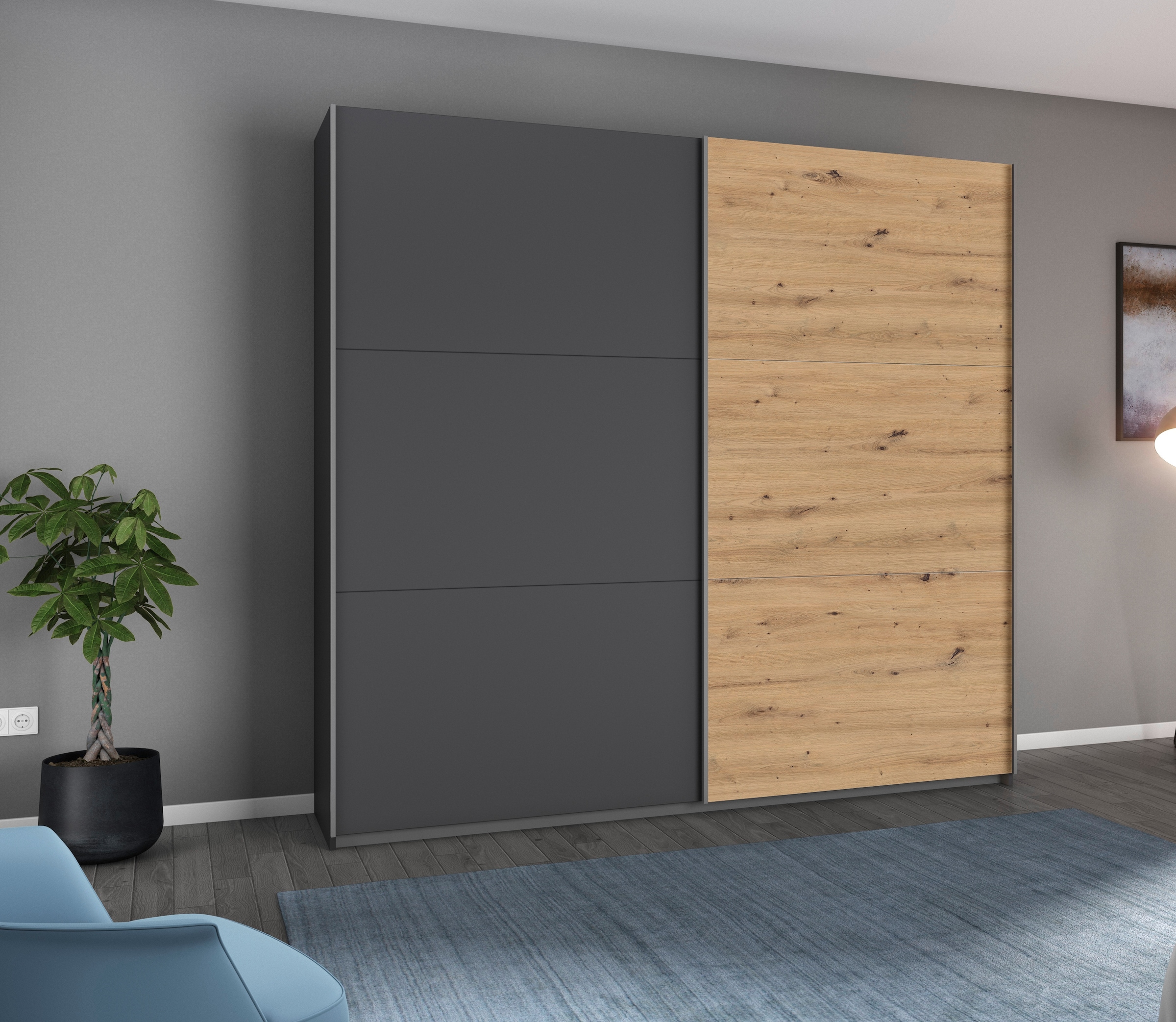 rauch Schwebetürenschrank "AURELIO Kleiderschrank Garderobe" 3 Ausstattungen BASIC/CLASSIC/PREMIUM (inkl. SOFT-CLOSE-FUNKTION), 3 verschiedene Ausstattungsvarianten Griffe aus Metall MADE IN GERMANY