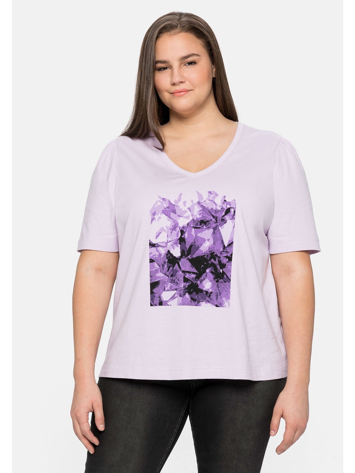Frontdruck Sheego bestellen BAUR T-Shirt »Große | Größen«, für mit Baumwolle aus