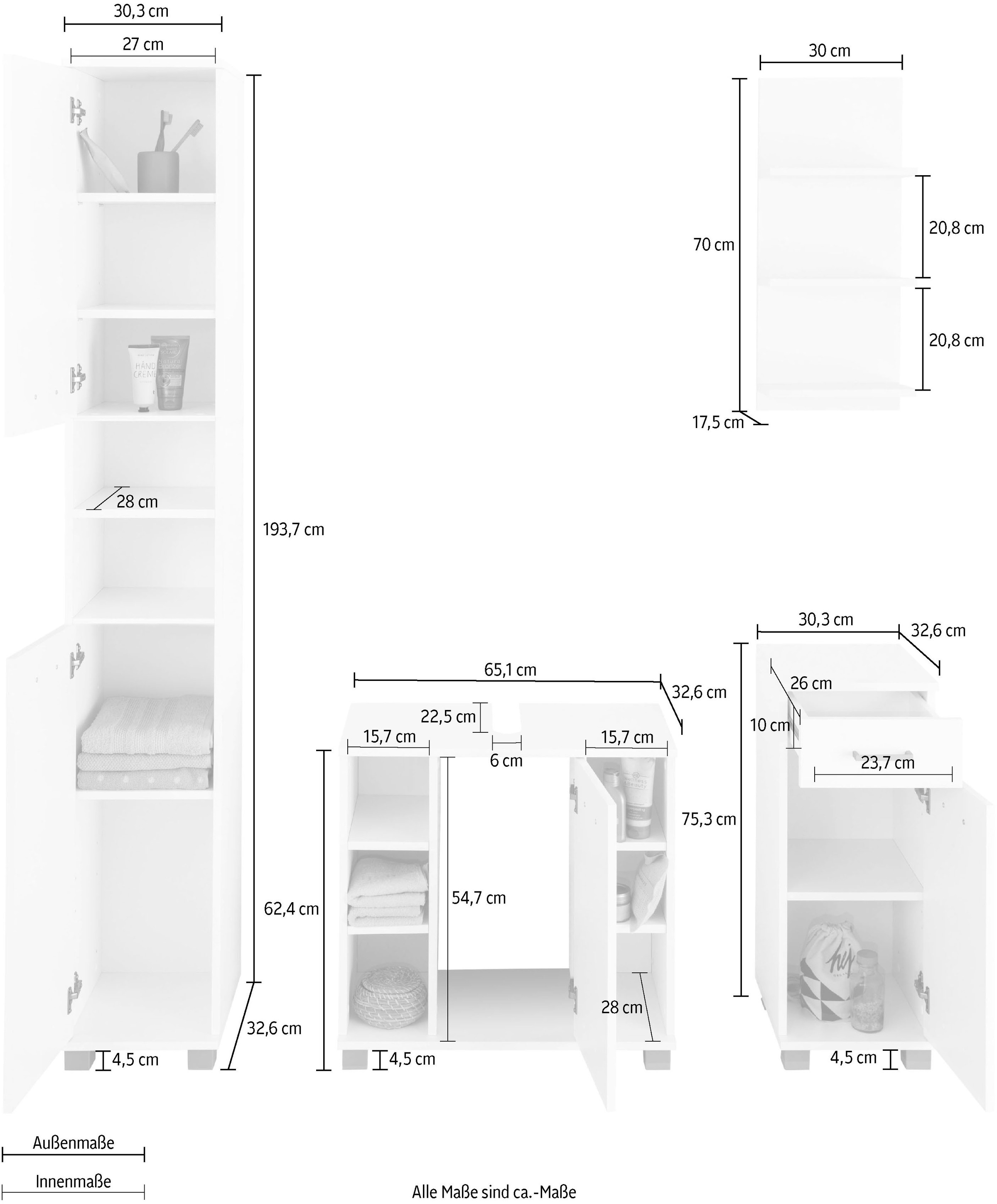 Schildmeyer Badmöbel-Set »Mobes«, (Set, 4 St.), Hochschrank, Waschbeckenunterschrank, Unterschrank und Wandregal