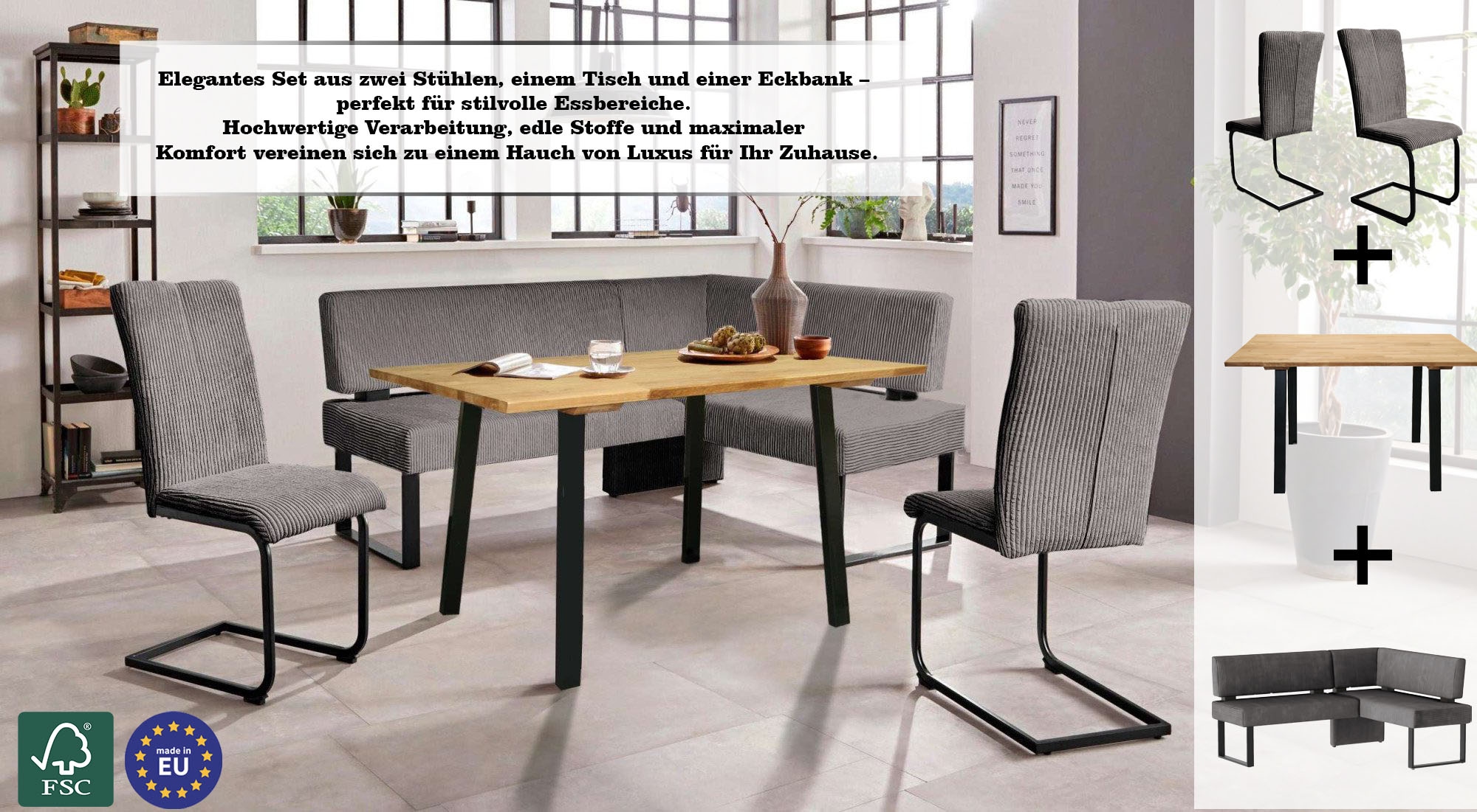 Home affaire Eckbankgruppe »Oliver«, (Set, 4 tlg., 4-tlg), Eckbank mit Wellenunterfederung im Sitz, Tisch Massiv Eiche