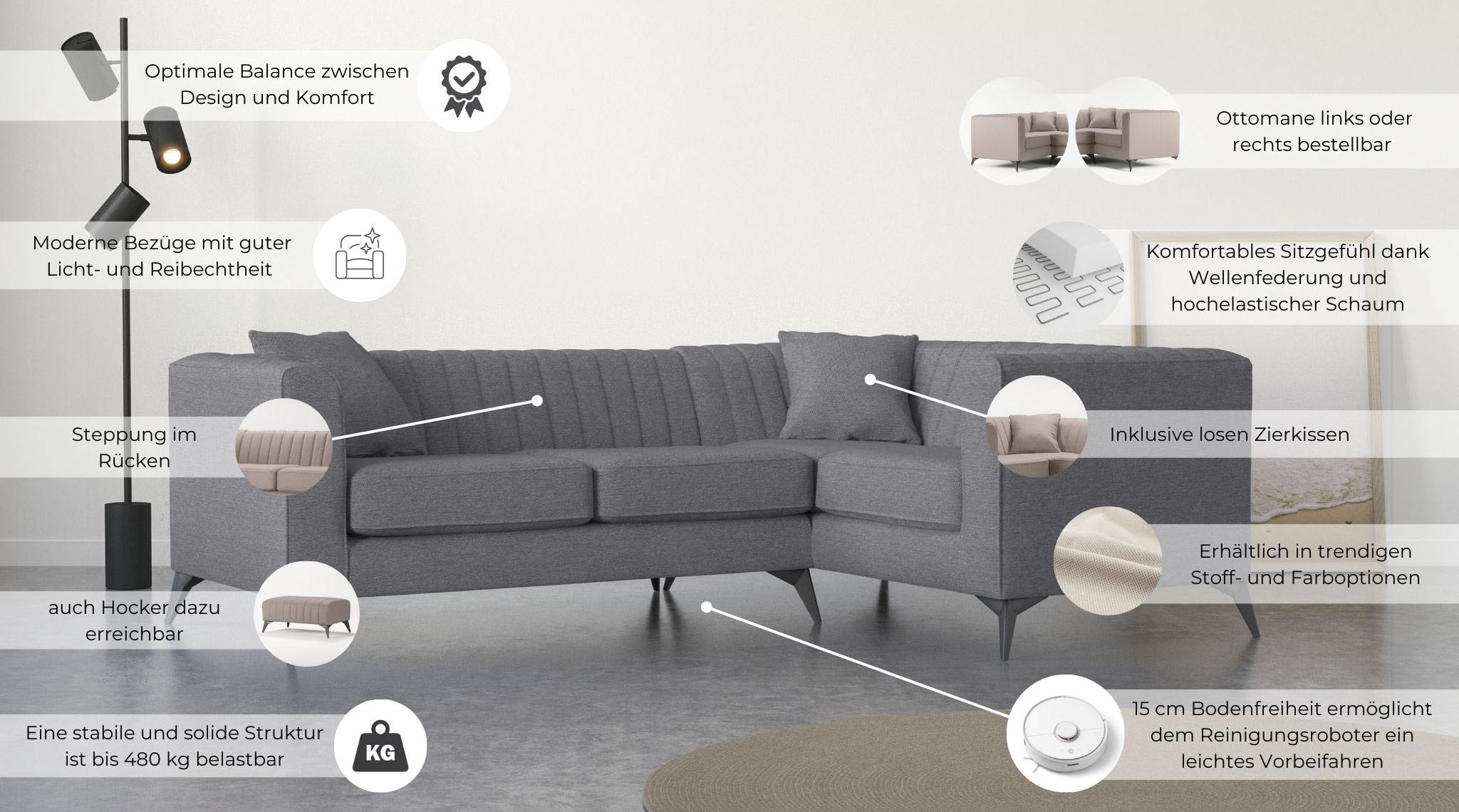 Thumbnail - Places of Style Ecksofa "MATTHEW L-Form ideal für kleine Räume, Maße B/T/H: 240/167/74 cm", elegantes Designsofa, Steppu...
