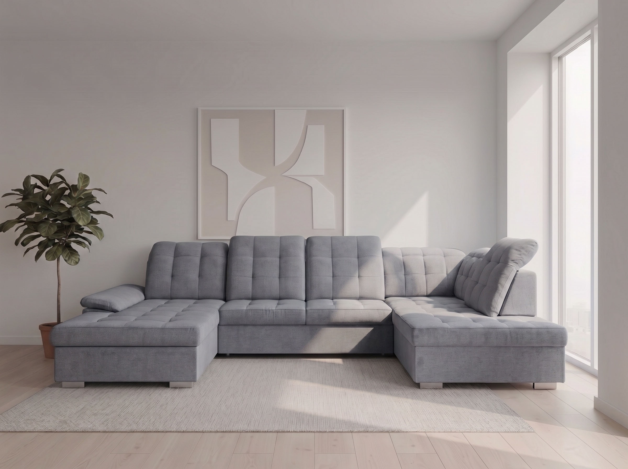 WERK2 Wohnlandschaft "Kordula-New 332 x 217 cm Multifunktion Couch modern und bequem" Struktur weich, U-Form, XXL, Sitztiefenverstellung, Schlaffunktion