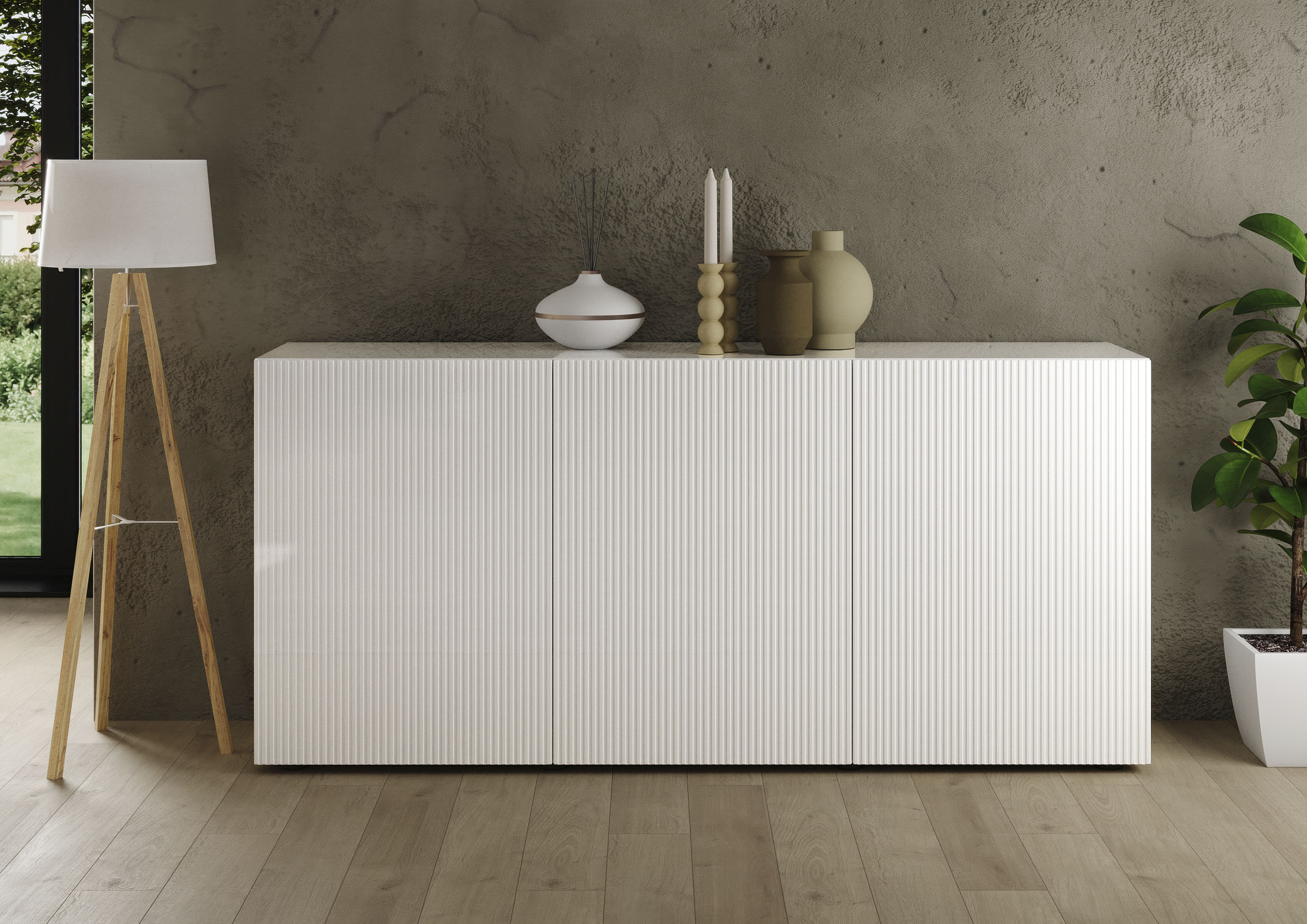 Home affaire "Rio Breite 181 cm, Kommode mit 3 Türen, Anrichte," geriffelte MDF-Fronten, modern u. elegant, viel Stauraum