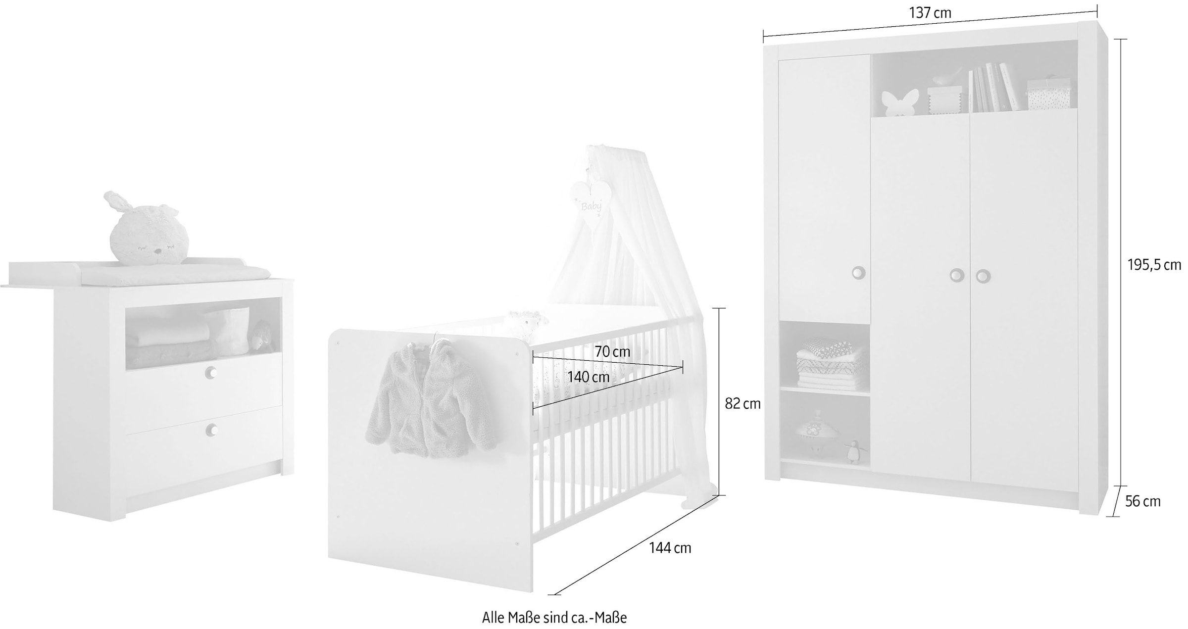 Begabino Babyzimmer-Komplettset »Paula Babyzimmer«, (3 tlg.), farbige Unterlegscheiben für die Griffe in rosa oder blau