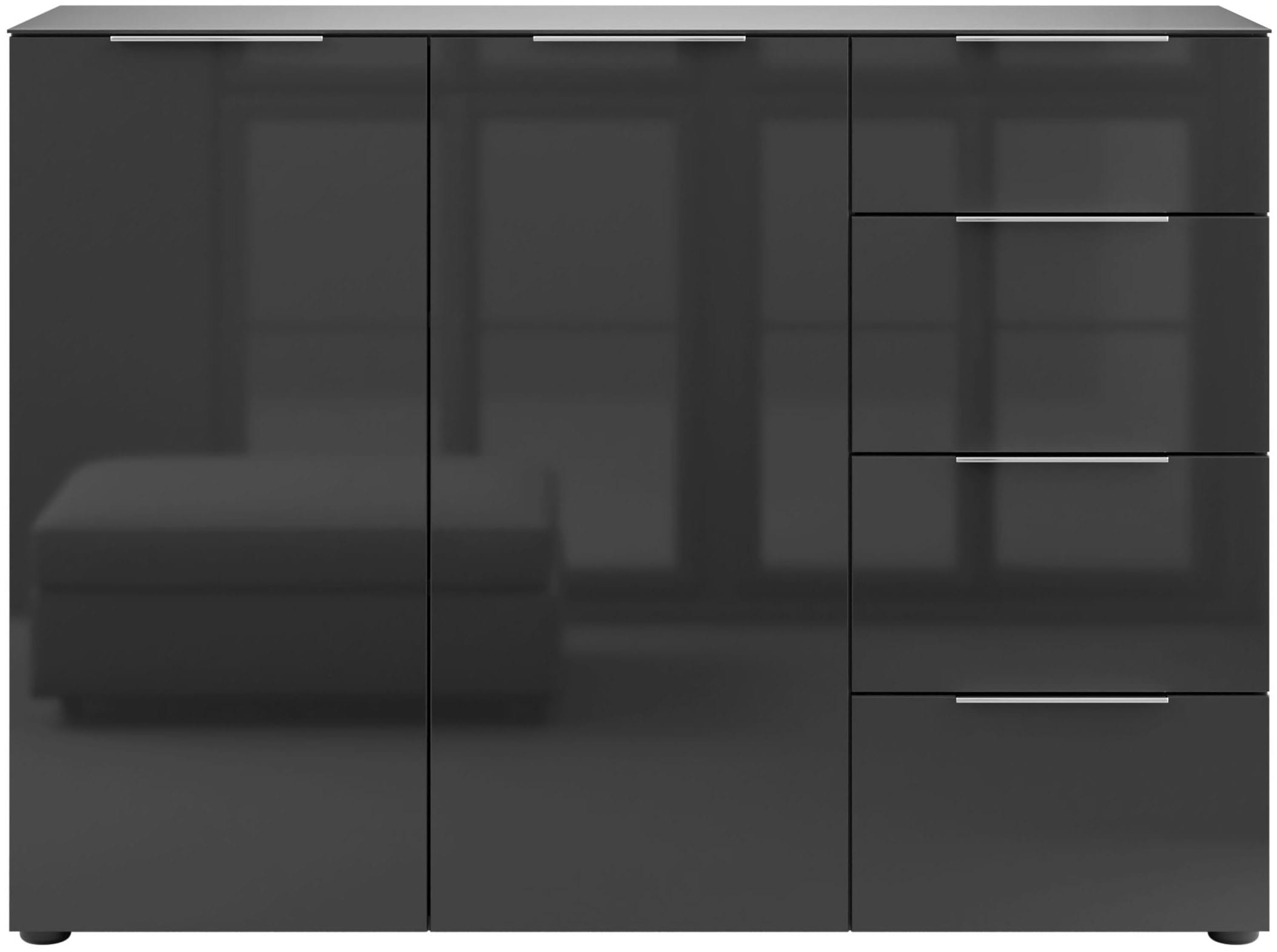 Manjana Möbel Highboard "mit Chrom oder Schwarz matten Metallgriffen & Glasfront, Soft-Close" melaminbeschichteter Korpus, mit Vollauszug, Made in Germany