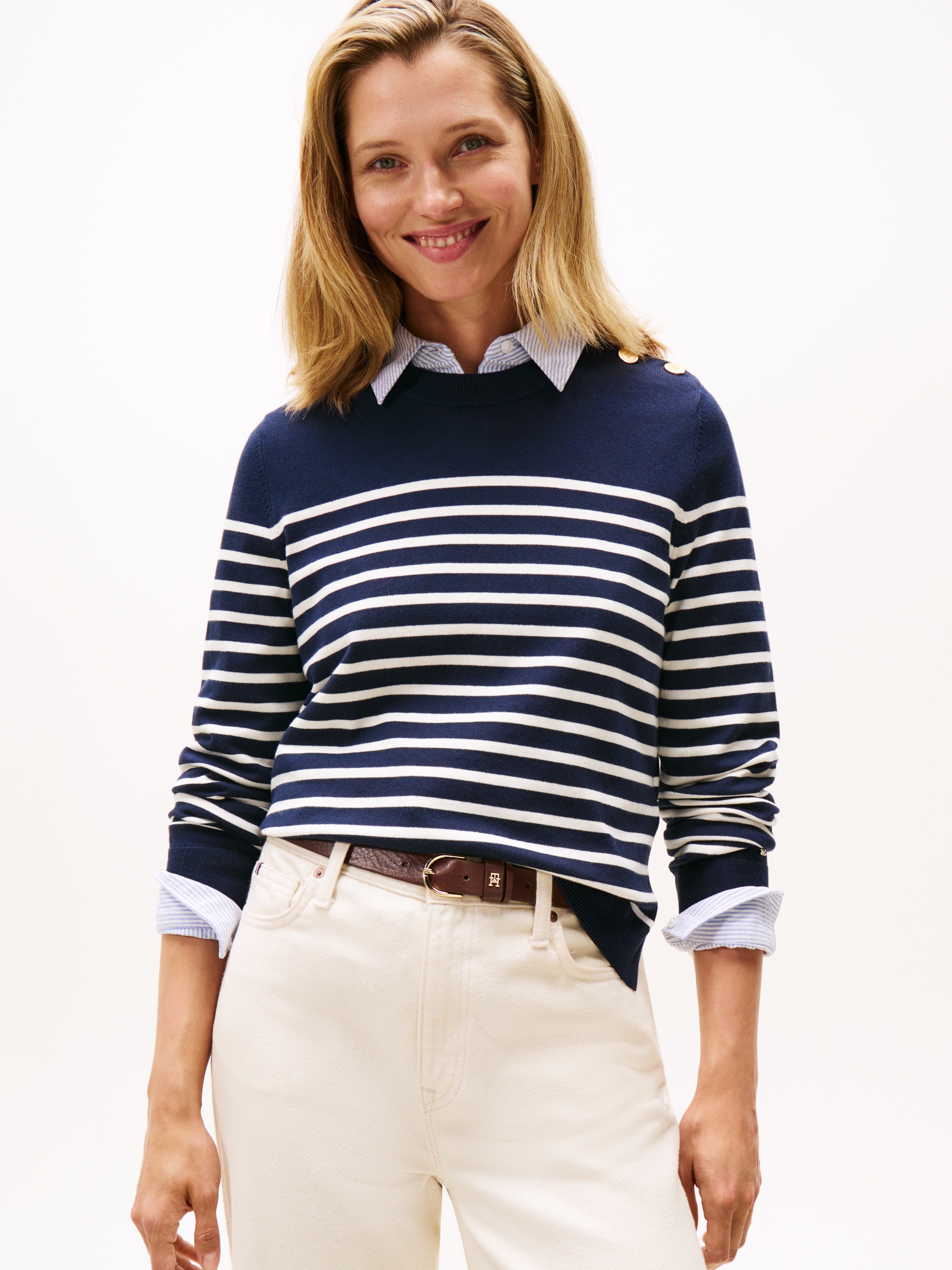 Tommy Hilfiger Strickpullover "CO JERSEY MID GG LS GOLD BTN SWT", mit goldf günstig online kaufen