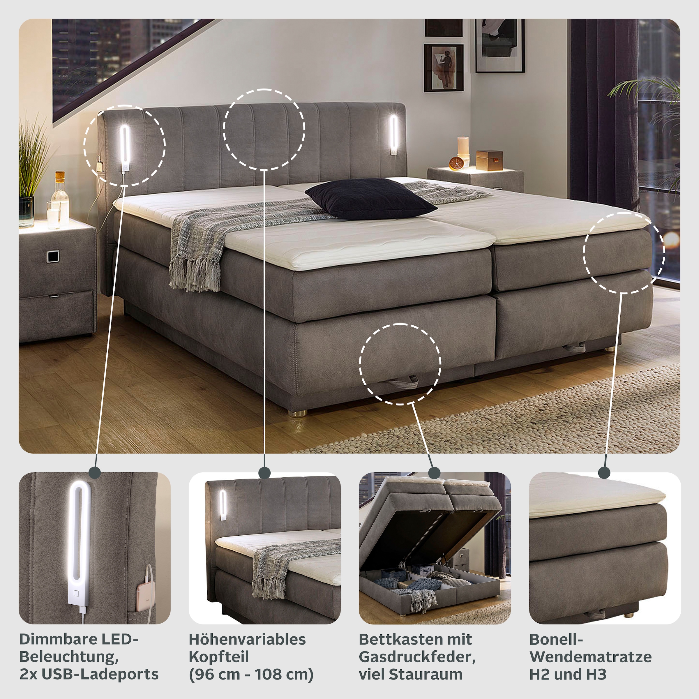 Jockenhöfer Gruppe Boxspringbett Kati, mit Topper, Bettkasten, dimmbare LED-Beleuchtung und USB Ladeport